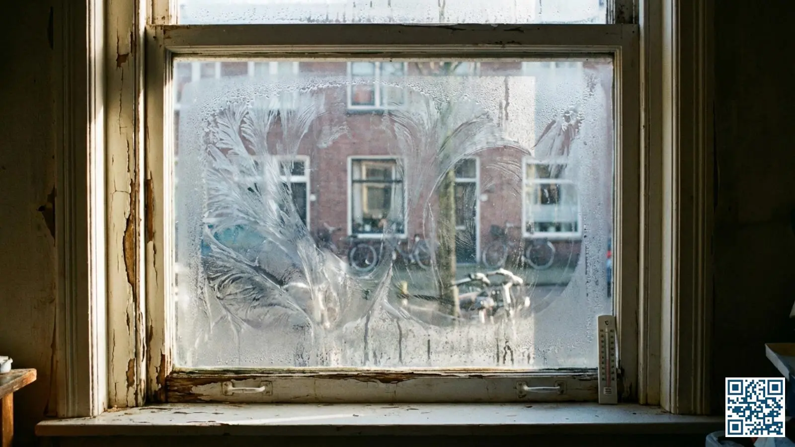 Oud enkelglas raam in Nederlandse woning met ernstige condensatie en ijsvorming aan de binnenkant tijdens de winter