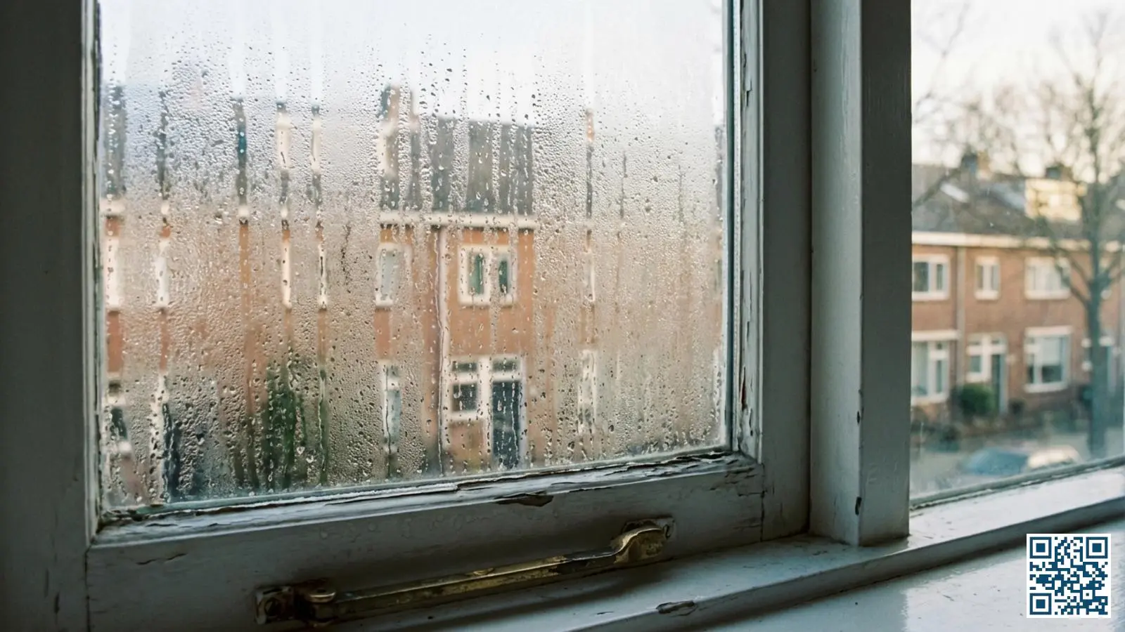 Enkel glas raam met zichtbare condensdruppels en vocht aan de binnenkant op een koude winterochtend