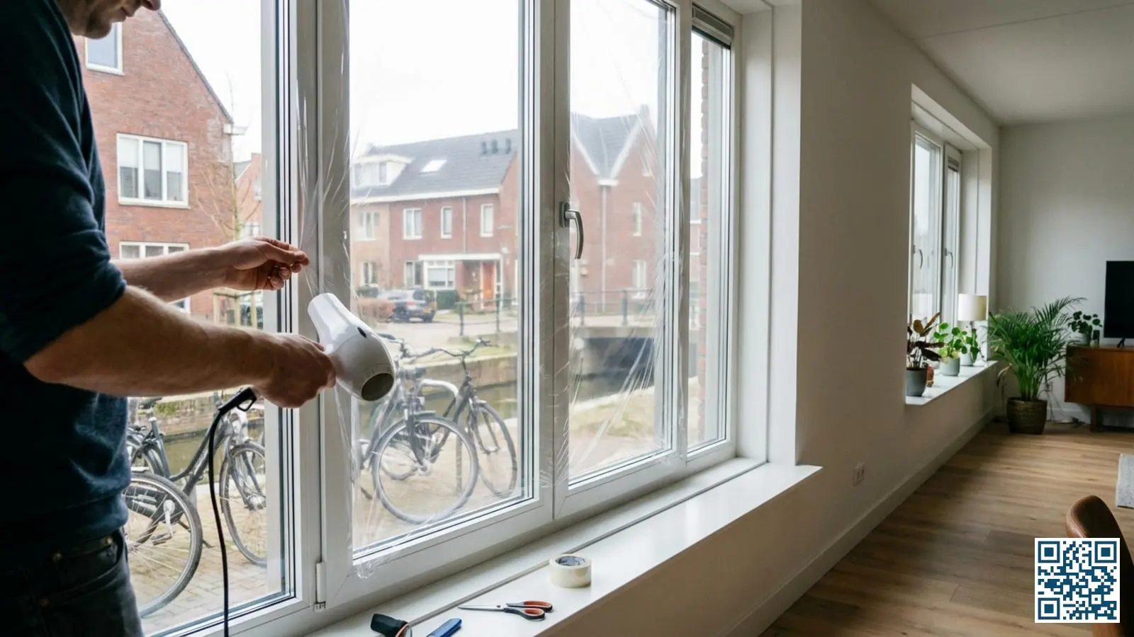 Persoon brengt isolerende krimpfolie aan op een raam met behulp van een haardroger in een Nederlandse woning