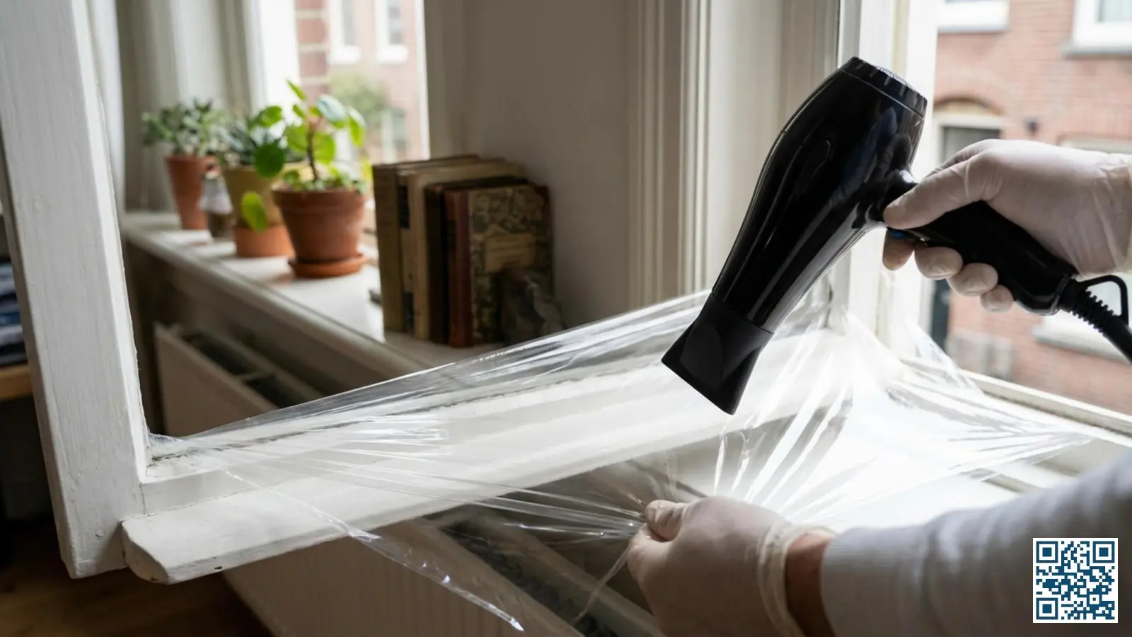 Close-up van handen die krimpfolie glad strijken op een wit kozijn met een haardroger
