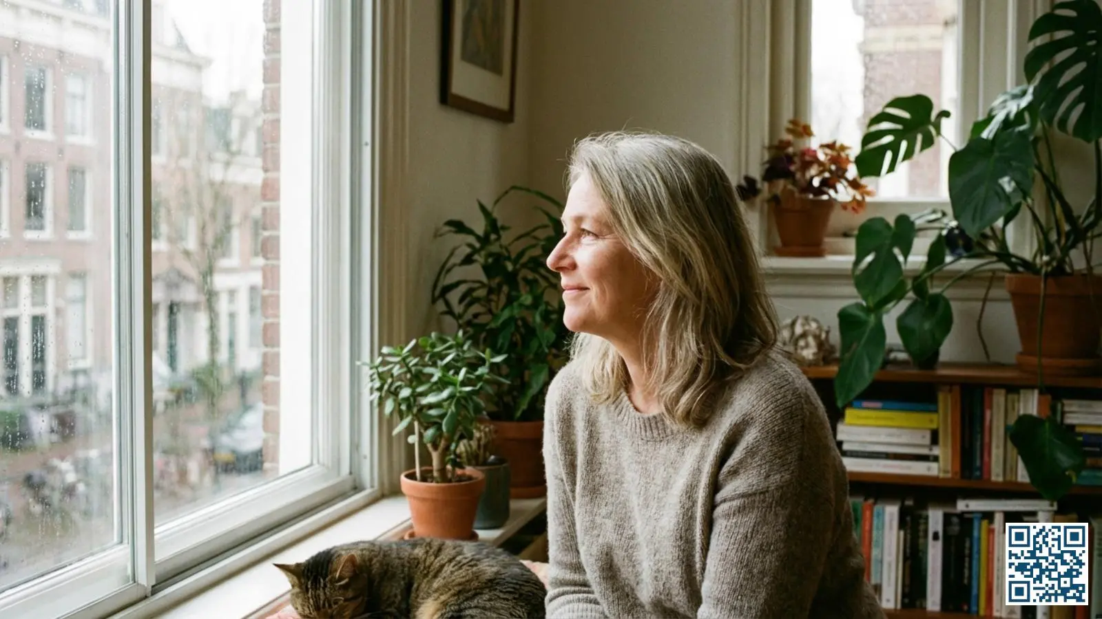 Tevreden bewoner kijkt door het raam met voorzetraam naar buiten in een warme woonkamer