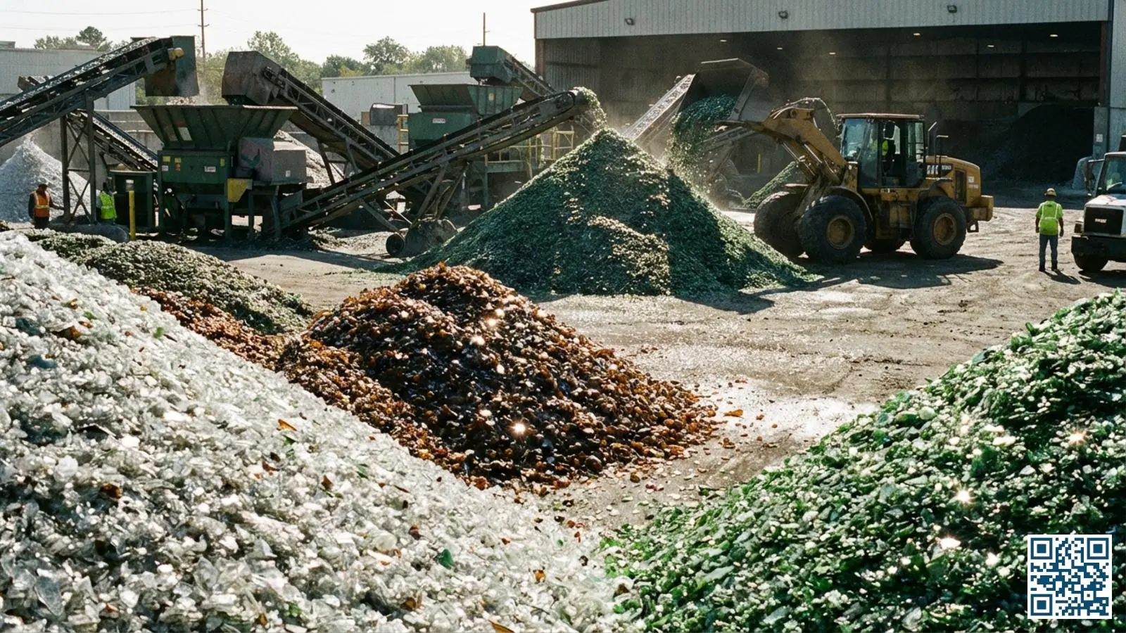 Glasscherven op een recyclinglocatie klaar voor herverwerking tot nieuw isolatieglas