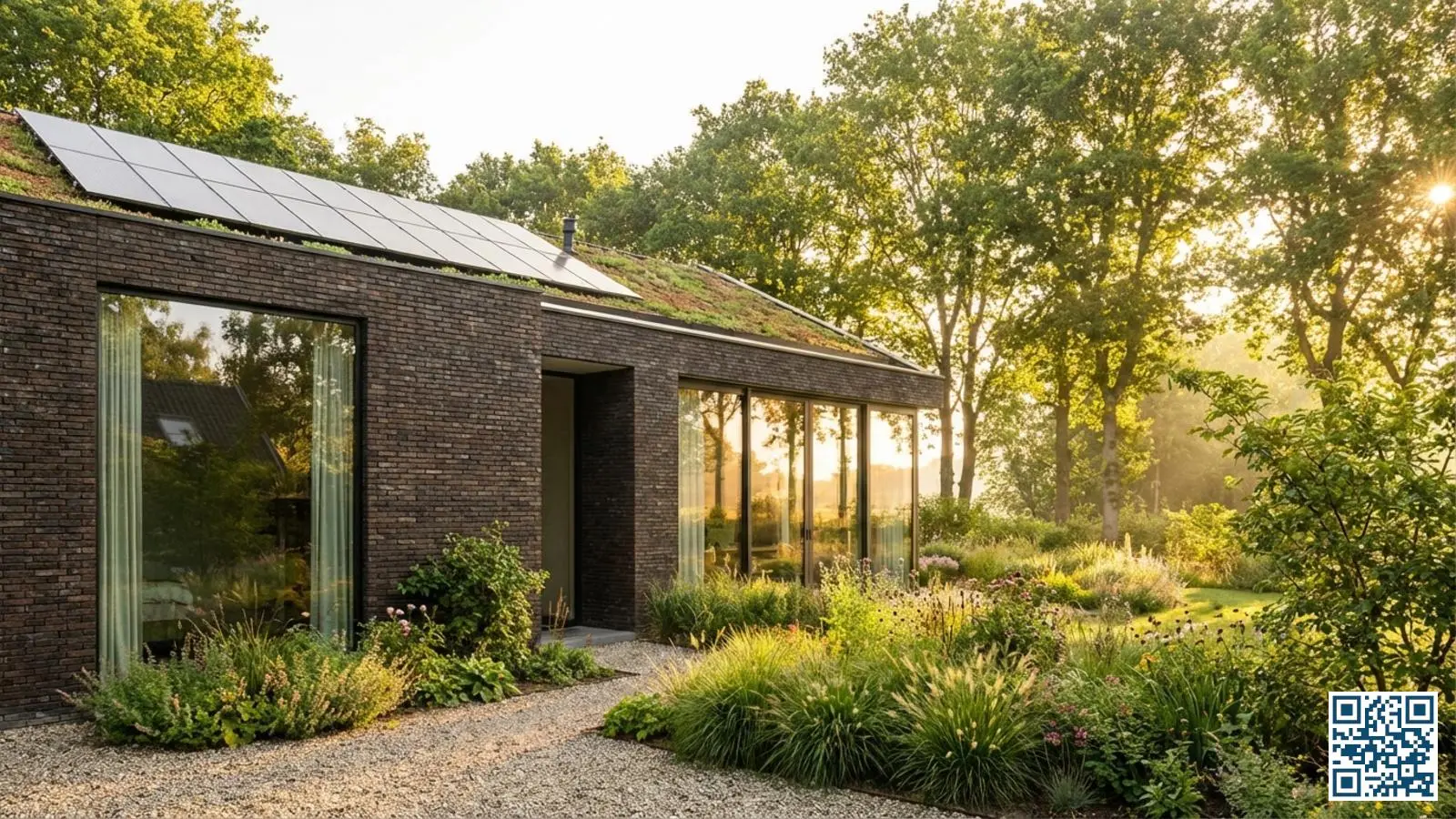 Nederlandse woning met HR-glas omgeven door groene tuin en vegetatie in ochtendlicht