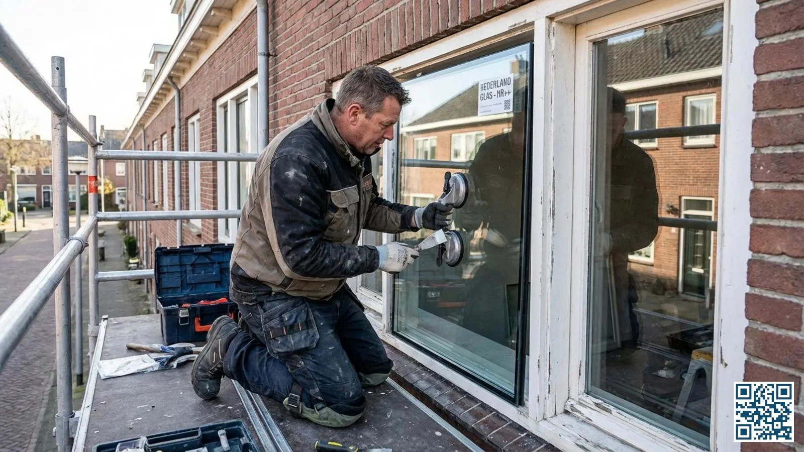 Professionele glaszetter plaatst een nieuwe glasunit in een bestaand houten kozijn van een woning