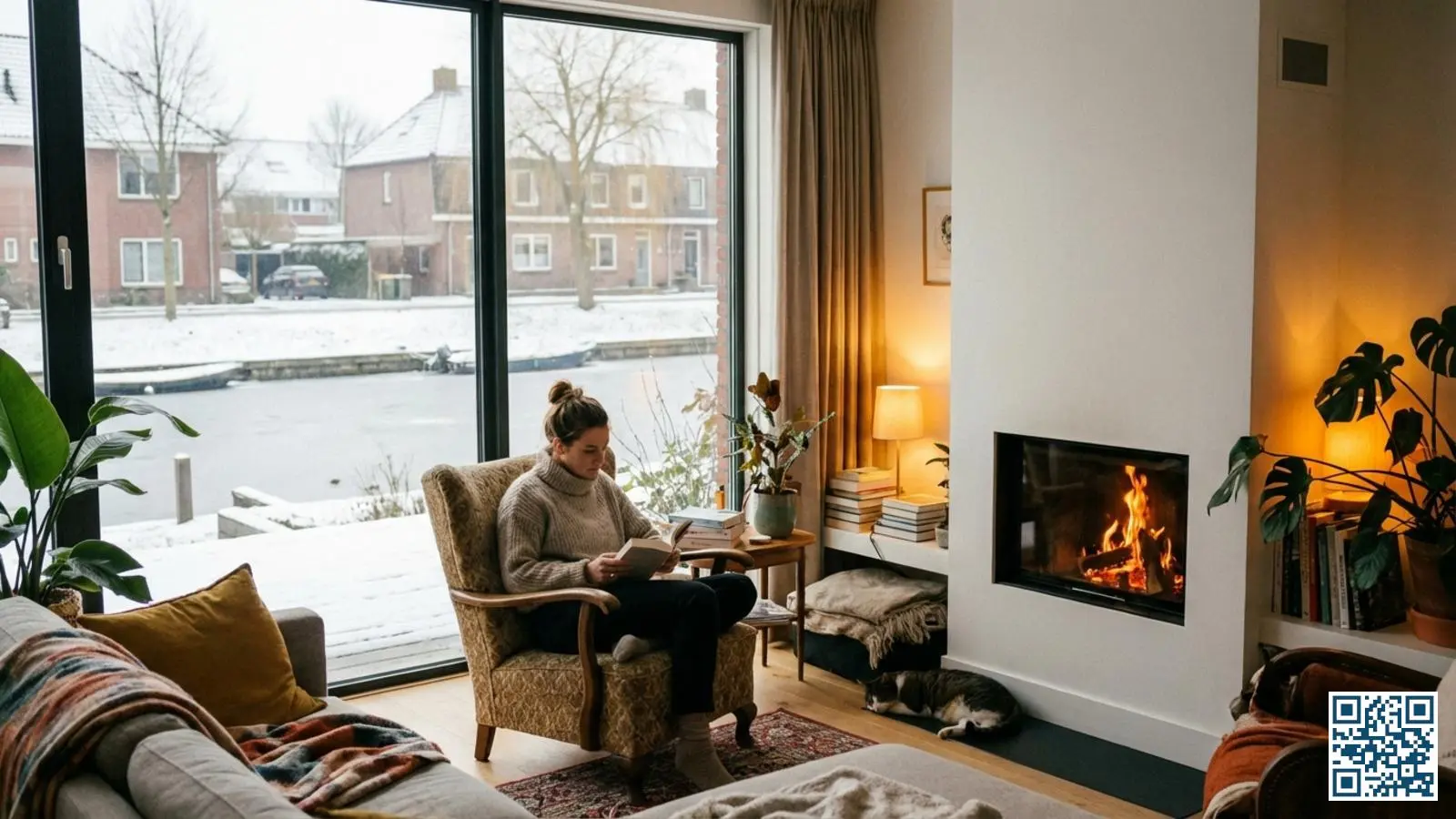 Gezellige woonkamer met moderne HR-glasramen waar warmte binnen blijft ondanks de koude winter buiten