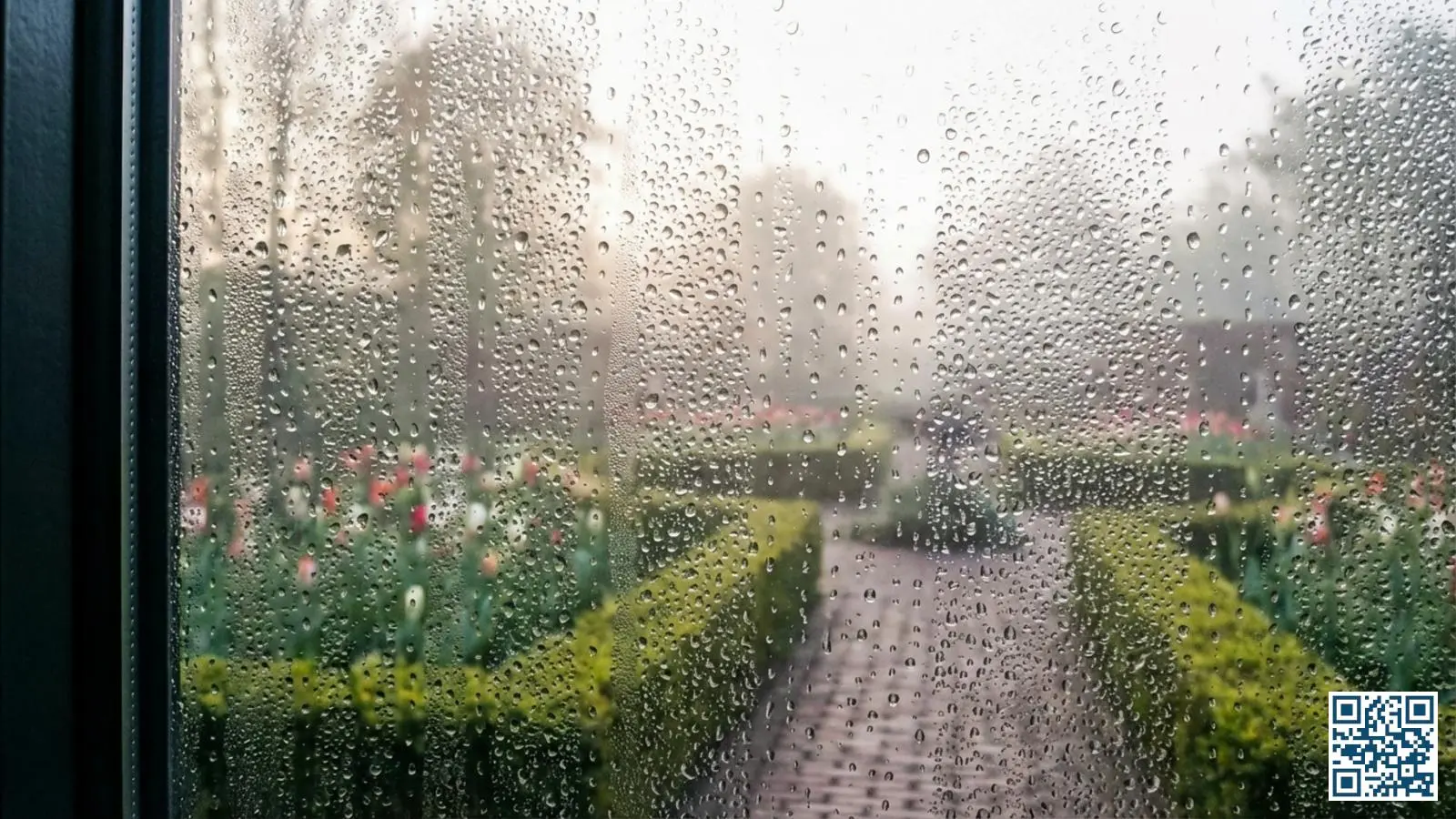 Close-up van condensdruppels aan de buitenkant van een isolerend raam op een koude ochtend