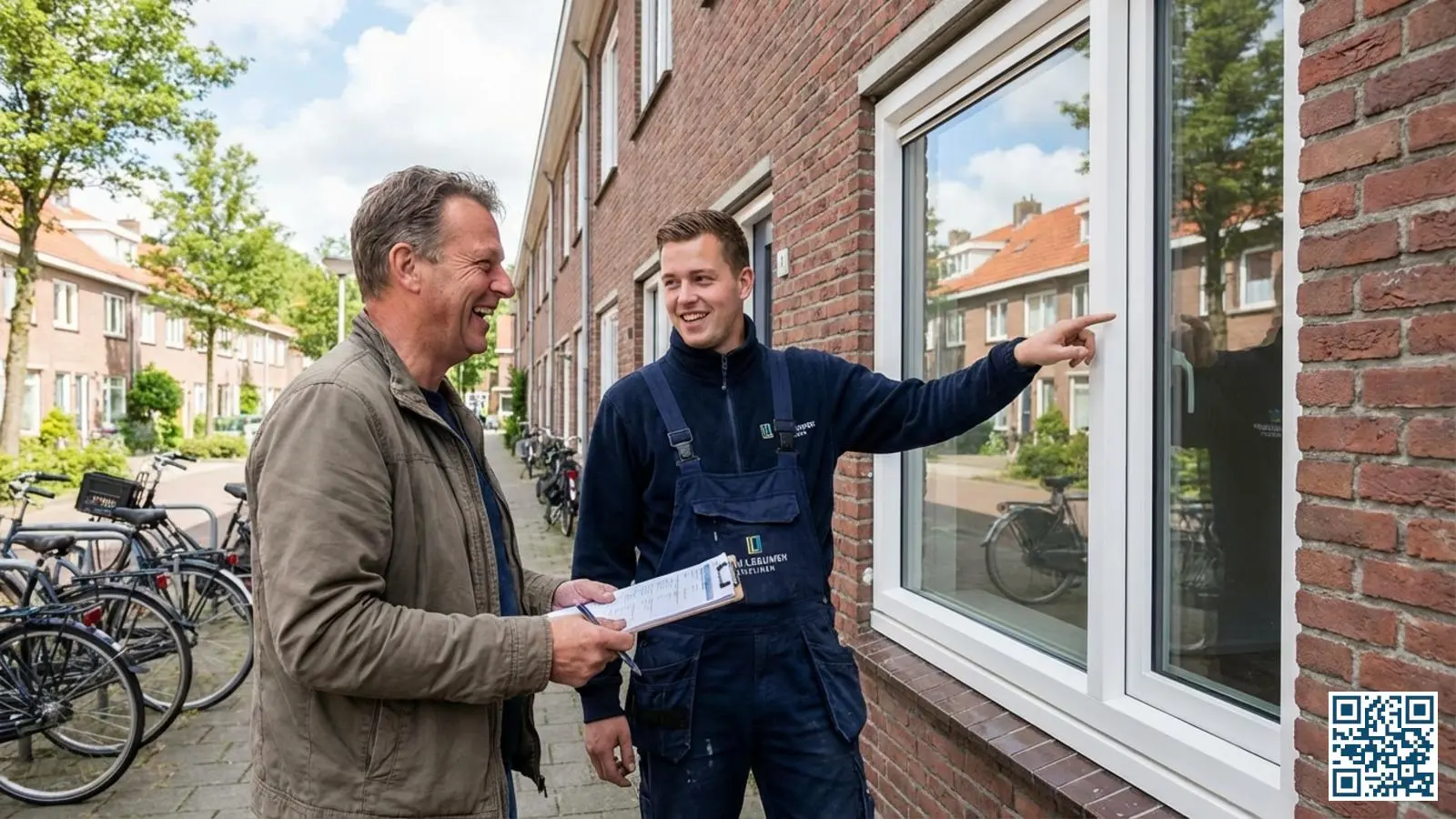 Woningeigenaar bespreekt een offerte met een glaszetter bij de voordeur van een Nederlandse woning