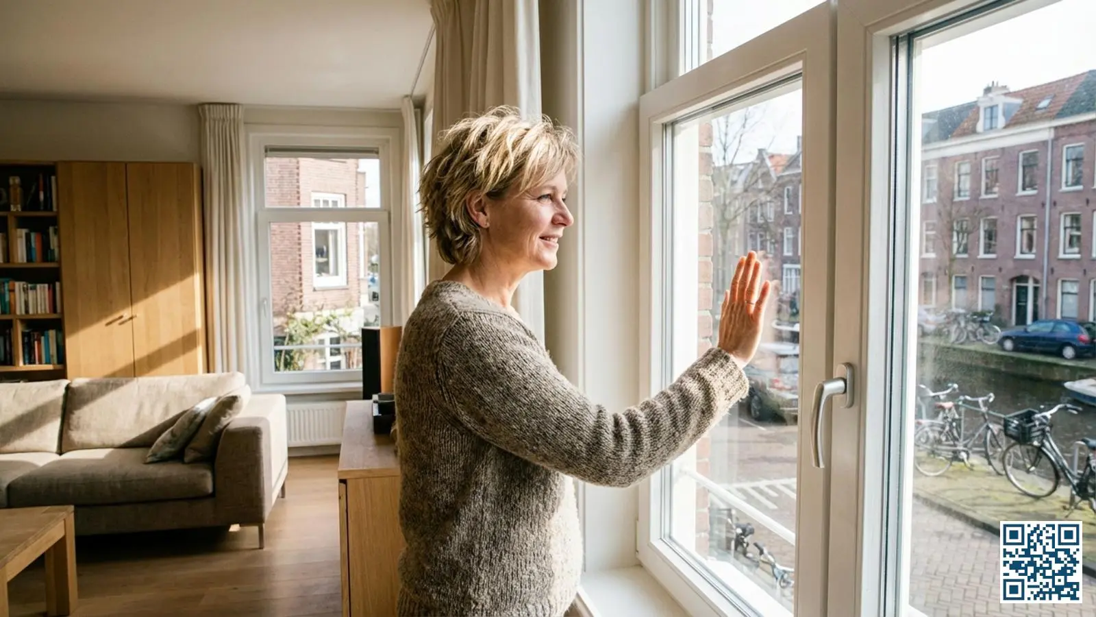 Tevreden woningeigenaar staat bij nieuw geplaatst HR-glas raam in lichte woonkamer met zicht op straat