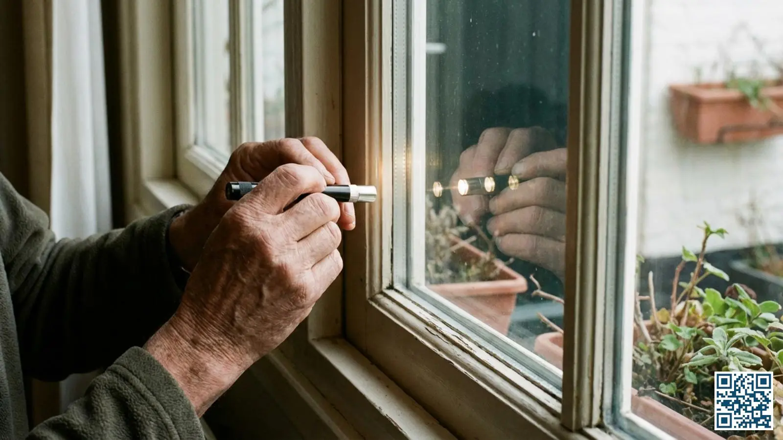 Close-up van handen die glasplaten tellen door naar de reflecties in de raamrand te kijken