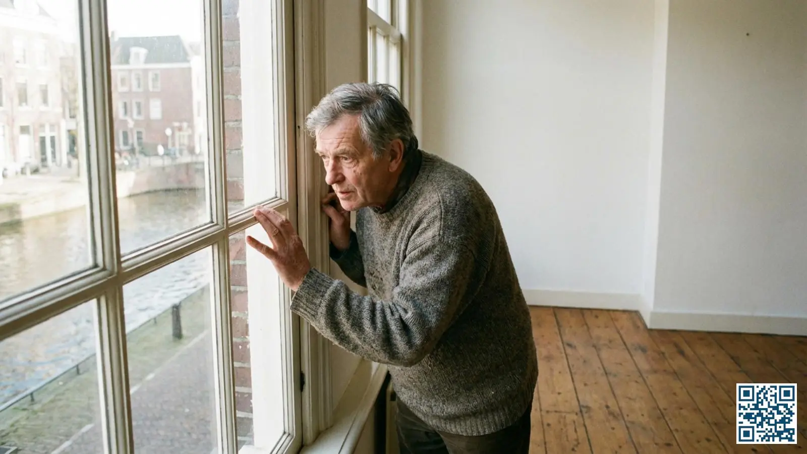 Nederlandse huiseigenaar die onderzoekend naar het glas in het raam van de woonkamer kijkt