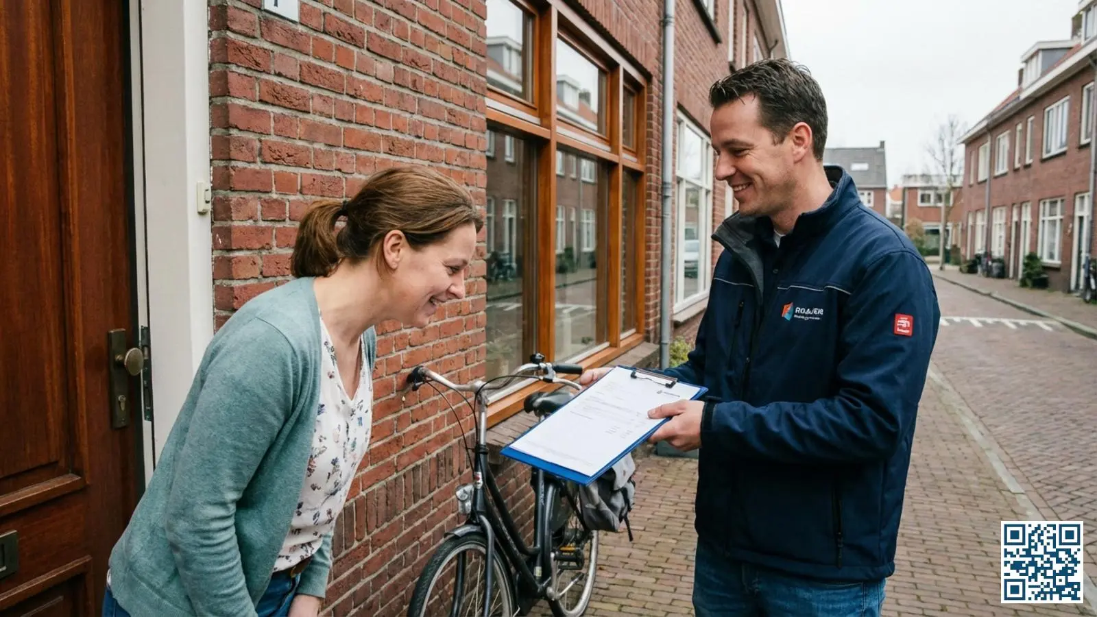 Professionele glaszetter overhandigt een offerte voor HR-glas aan een huiseigenaar bij de voordeur