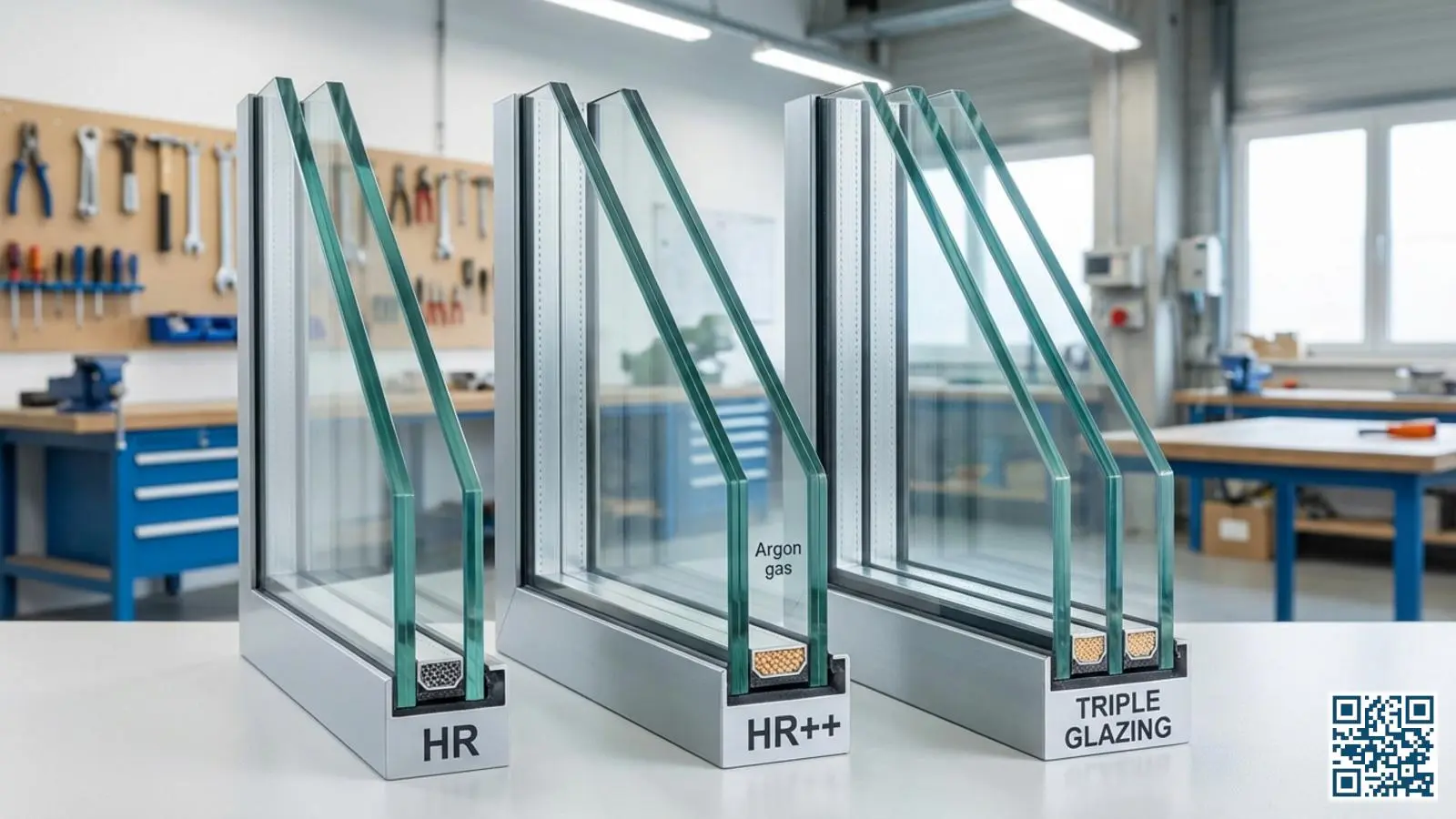 Verschillende HR-glasunits naast elkaar met zichtbare opbouw en spacers in een werkplaats