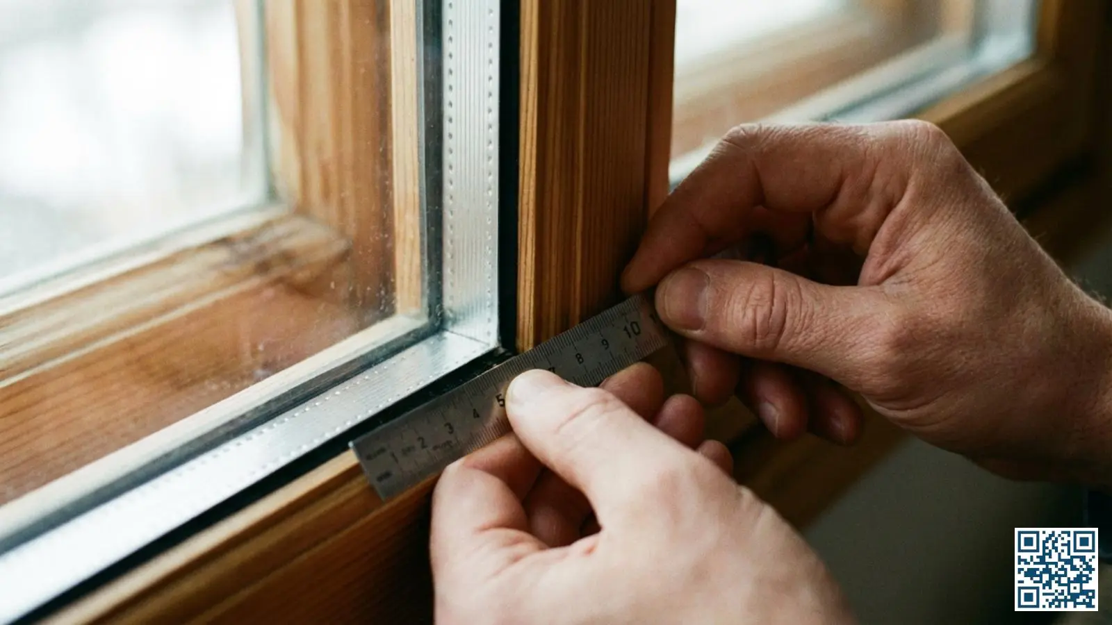 Close-up van handen die de randbreedte van een isolerende glasunit meten met een liniaal bij het kozijn