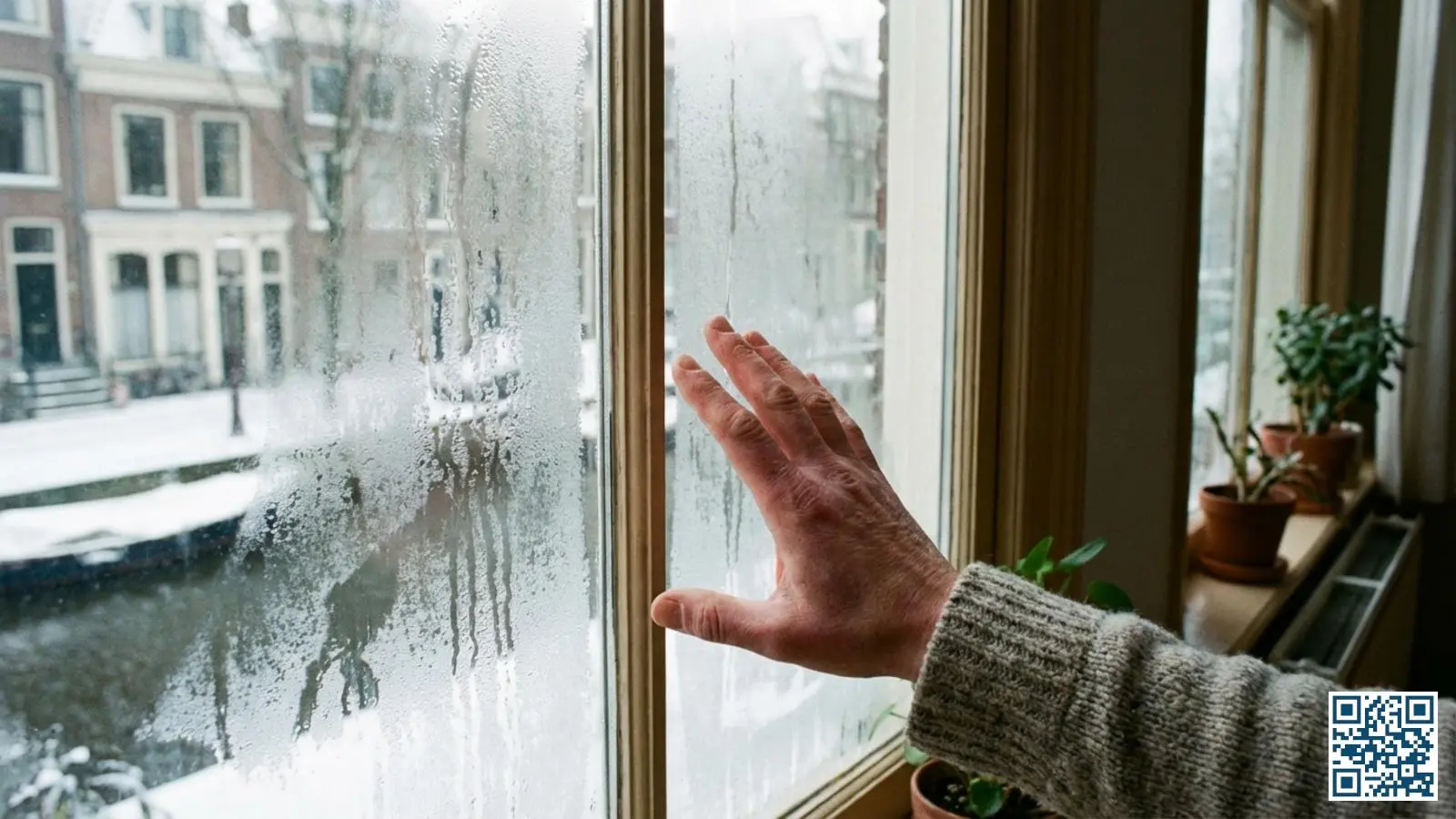 Persoon houdt hand dicht bij het raam om de koude-uitstraling van het glas te voelen op een winterdag