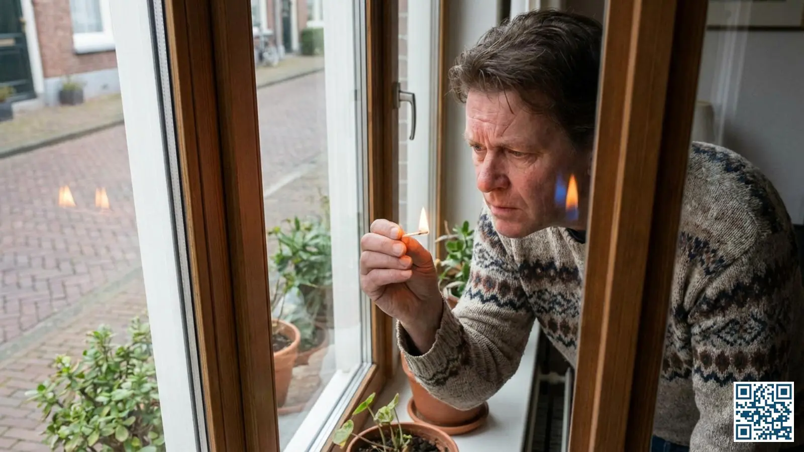 Huiseigenaar voert de spiegeltest uit met een vlam bij het raam om te bepalen welk type glas geinstalleerd is