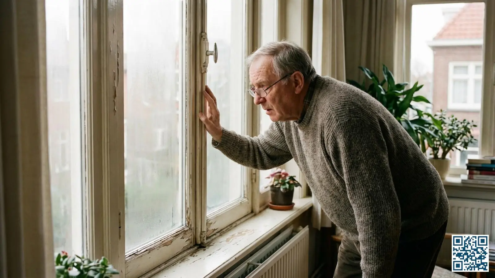 Bewoner inspecteert HR-glas raam aandachtig op tekenen van veroudering zoals condens en wazigheid