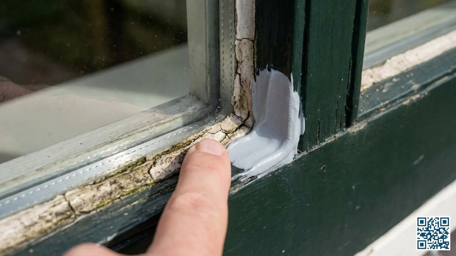 Close-up van kitrand rond een kozijn met zichtbare textuur die het belang van goed onderhoud toont
