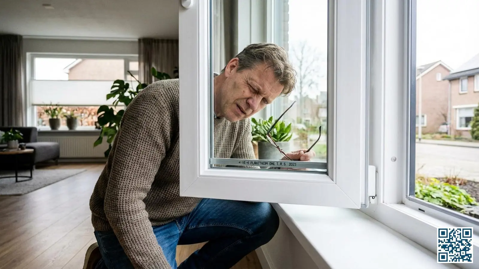 Huiseigenaar bekijkt de rand van een raam om de meldcode op de spacer te lezen