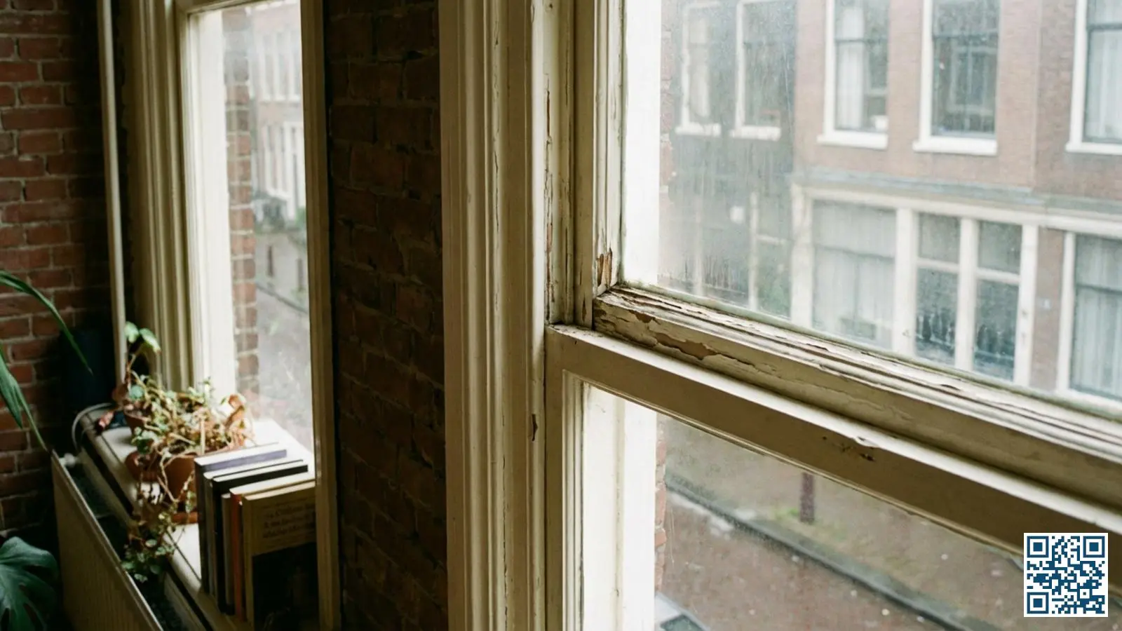 Ouder houten raamkozijn met dubbelglas waarbij de meldcode niet zichtbaar is door verflagen op de glaslat
