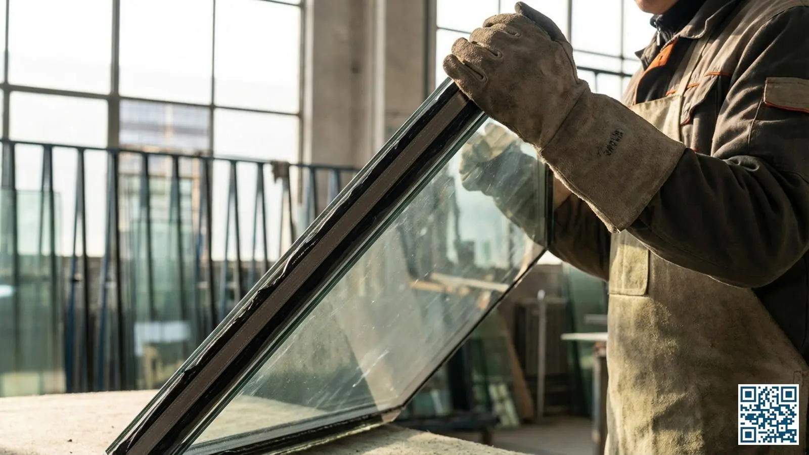 Vakman houdt HR-glasunit vast waarbij de spacer en randafdichting duidelijk zichtbaar zijn aan de rand