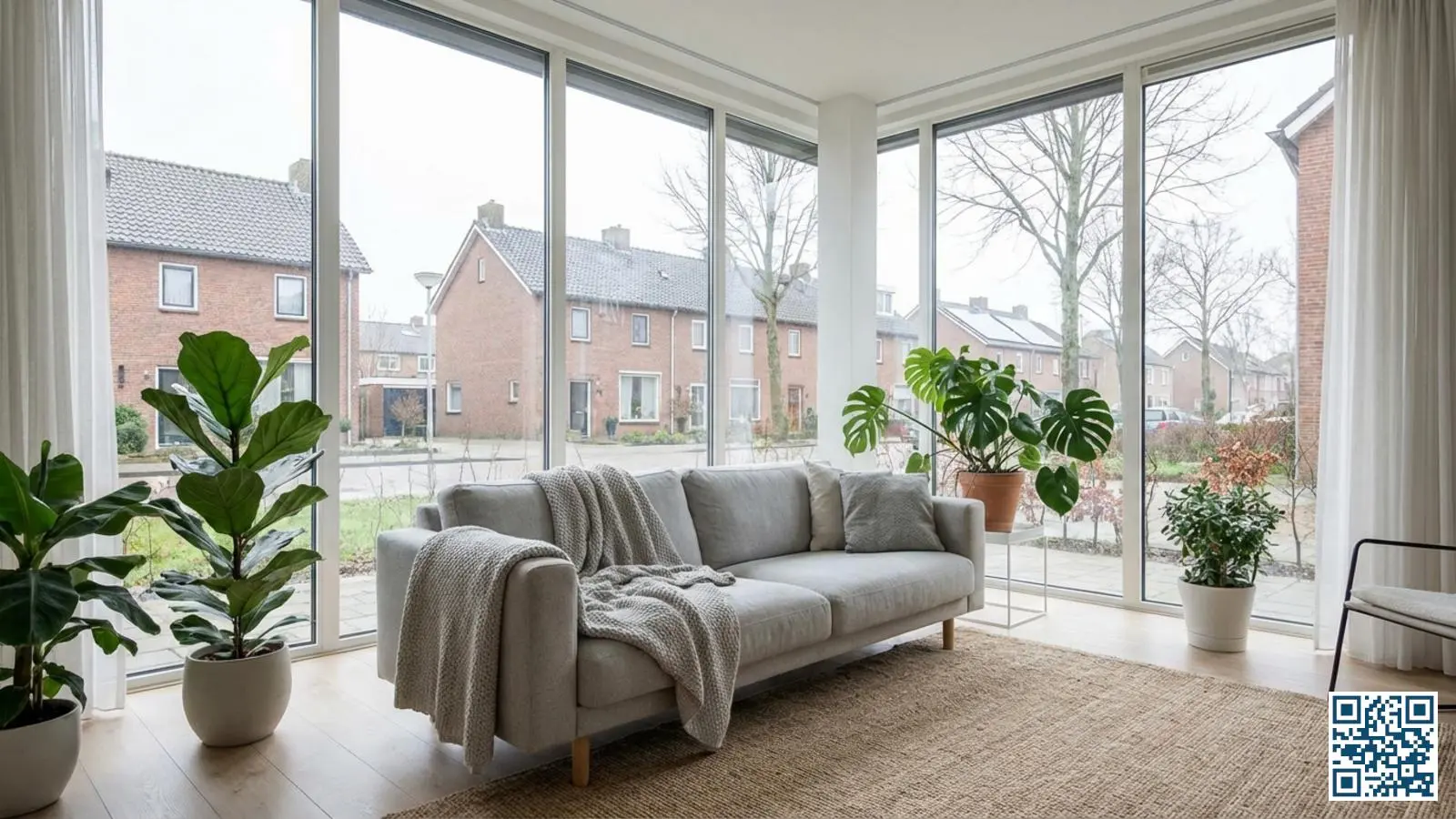 Lichte Nederlandse woonkamer met grote HR-glas ramen waar natuurlijk daglicht naar binnen stroomt en uitzicht biedt op straat