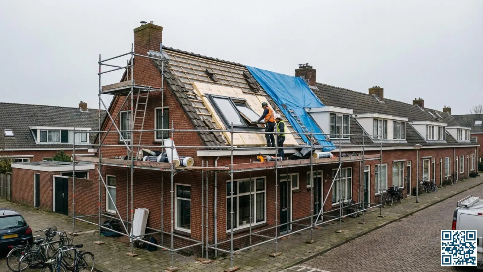 Nederlandse rijtjeswoning met dakisolatie en nieuw HR-glas dakraam dat wordt geïnstalleerd