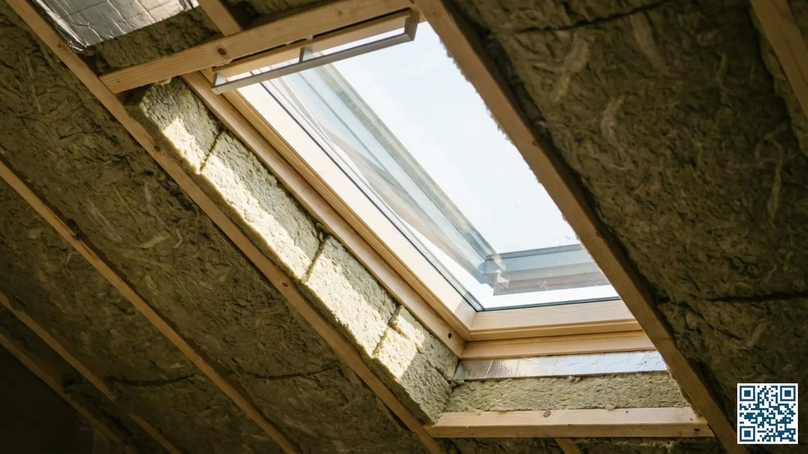 Nieuw geïnstalleerd dakraam met HR-glas in een volledig geïsoleerd dak met zichtbare isolatie rondom