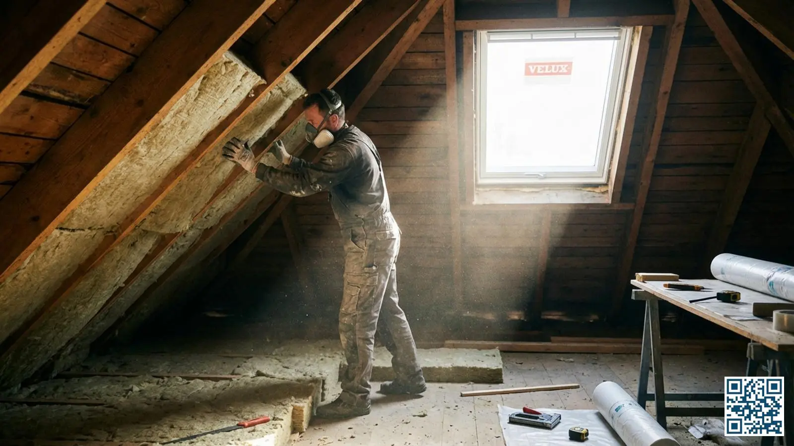 Vakman die isolatiemateriaal aanbrengt tussen dakspanten op een zolder met zichtbaar dakraam