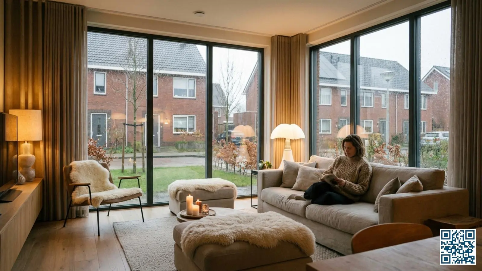 Comfortabele woonkamer met grote HR++ ramen en geïsoleerde muren waar bewoner ontspannen bij het raam zit