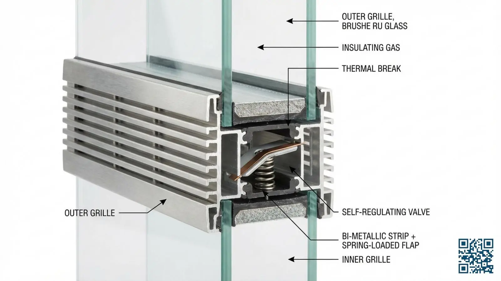 Technische doorsnede van een ventilatierooster geïntegreerd in een isolerende dubbelglas unit
