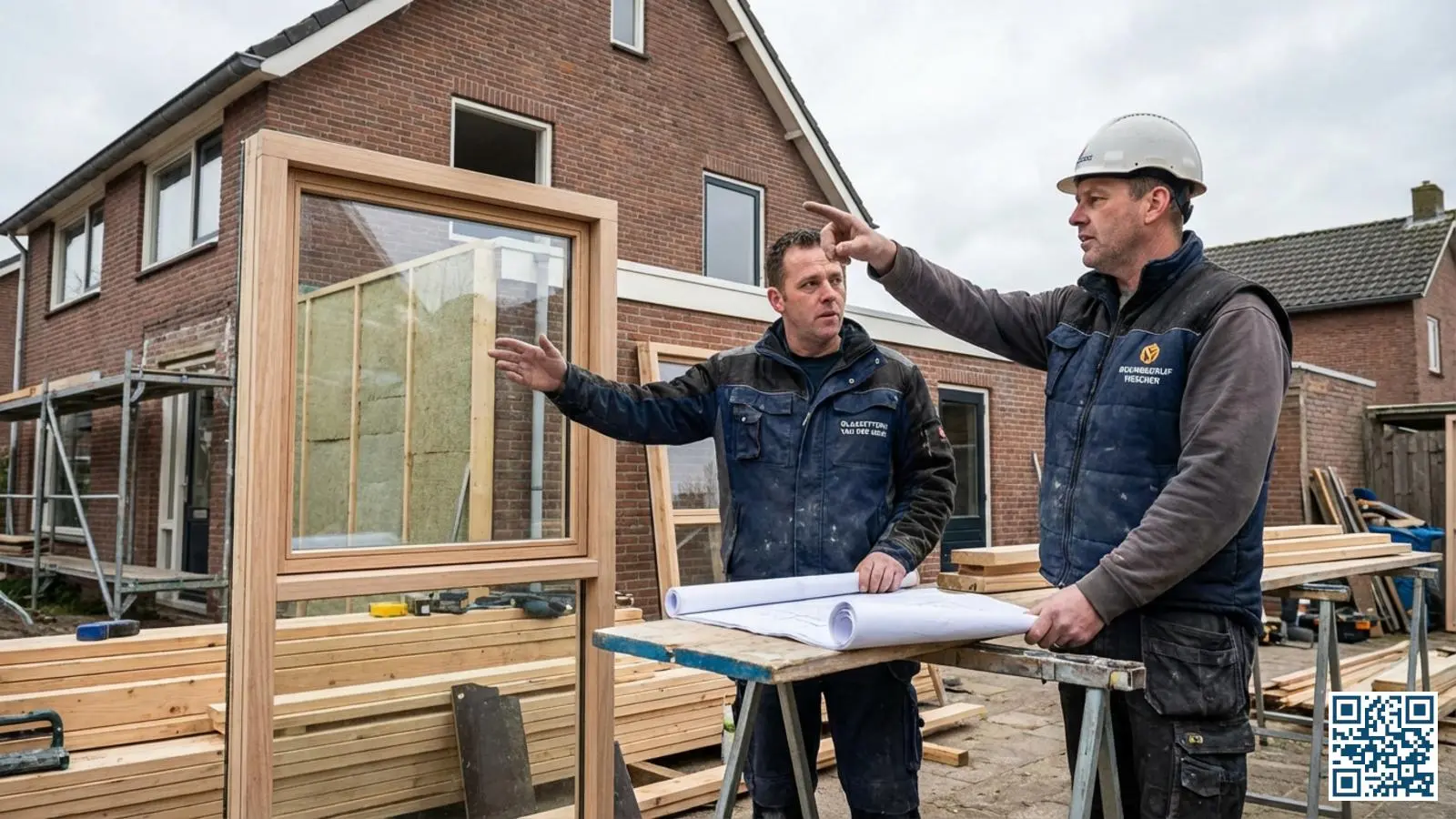 Glaszetter en aannemer overleggen over de planning bij een woning in verbouwing