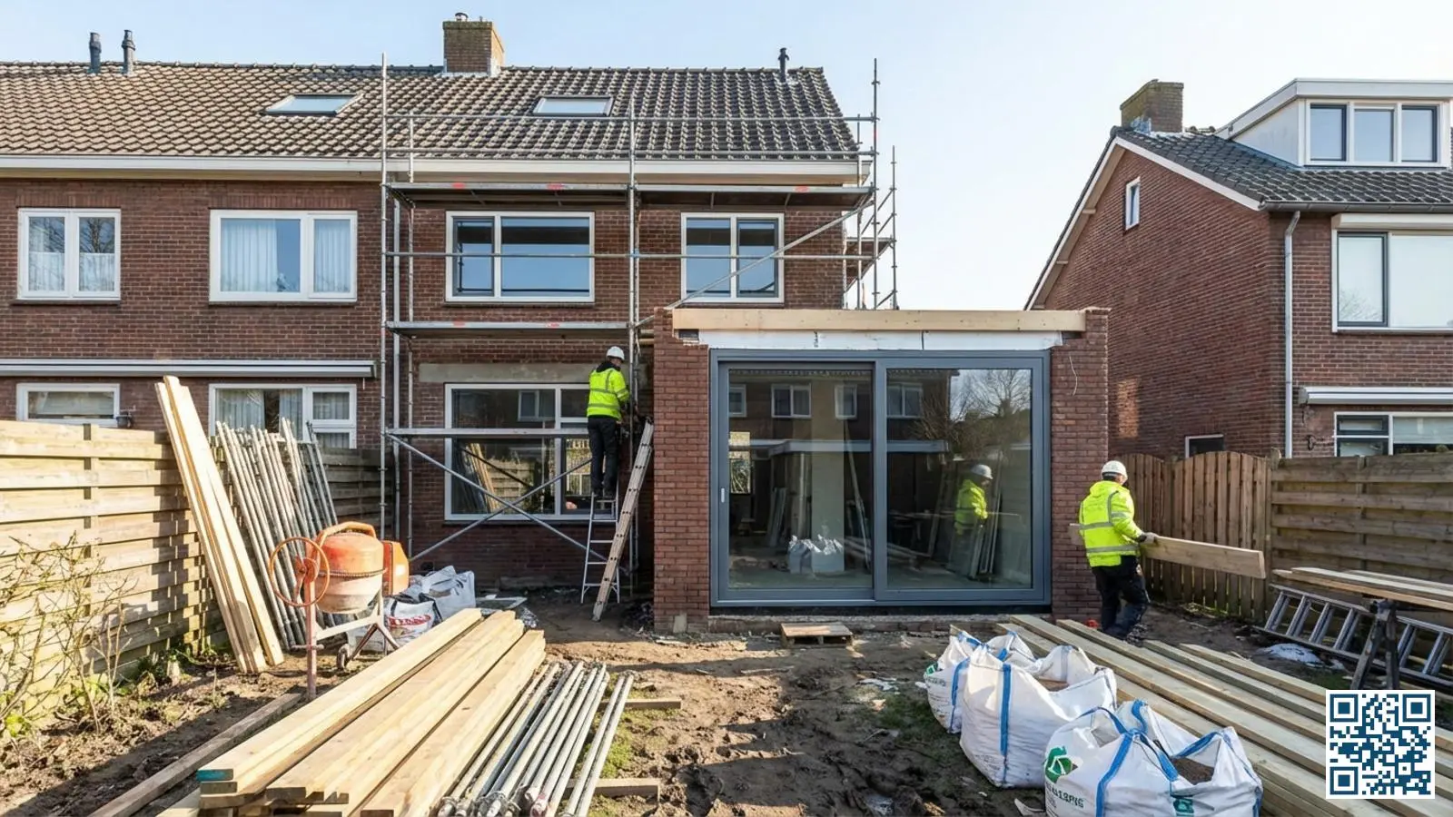 Verbouwing van Nederlandse woning met nieuw geplaatste HR-glas ramen in een uitbouw in aanbouw