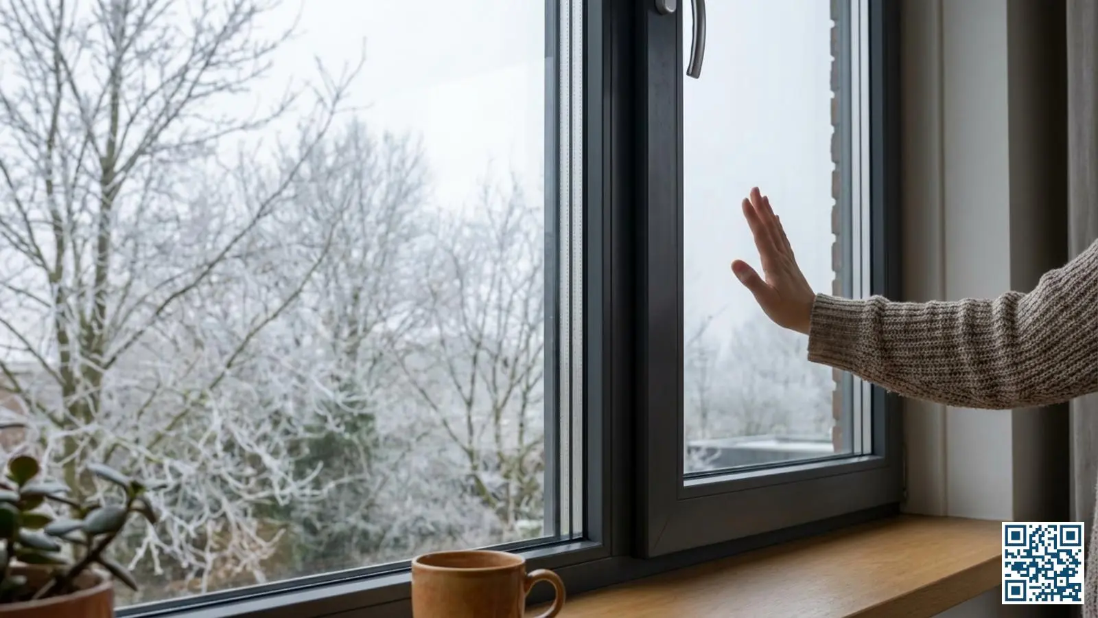 Close-up van HR-glas raam zonder condensatie met hand die aantoont dat er geen koude uitstraling is