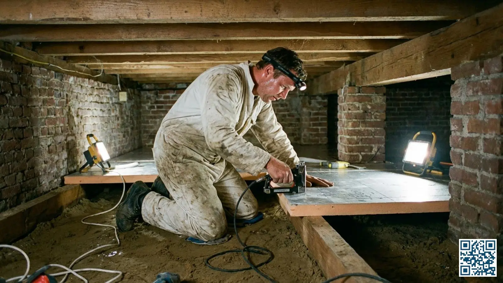 Vakman die vloerisolatieplaten aanbrengt aan de onderkant van een houten vloer in een Nederlandse kruipruimte