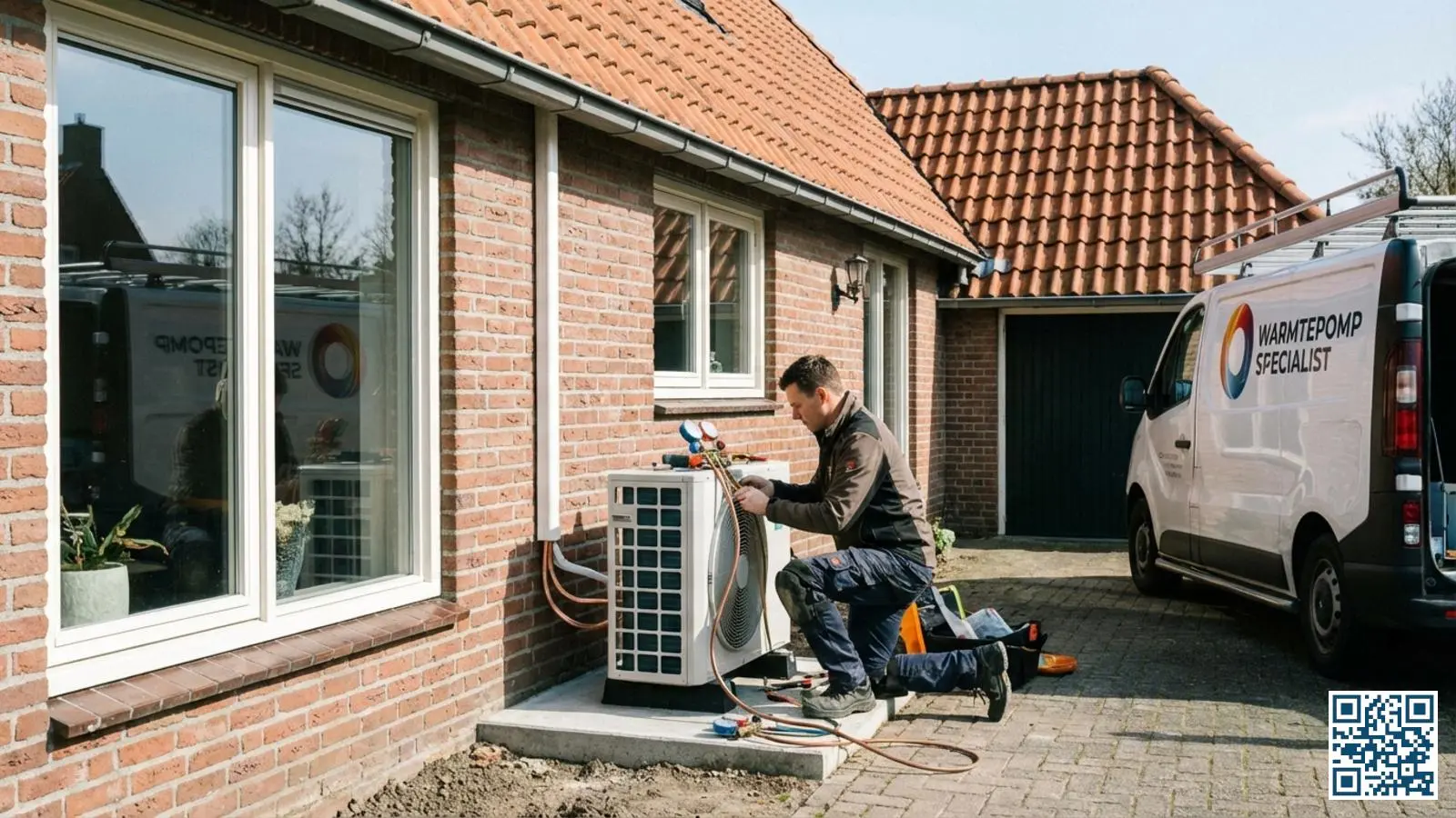 Installateur plaatst een warmtepomp bij een goed geïsoleerde woning met nieuwe ramen op de achtergrond