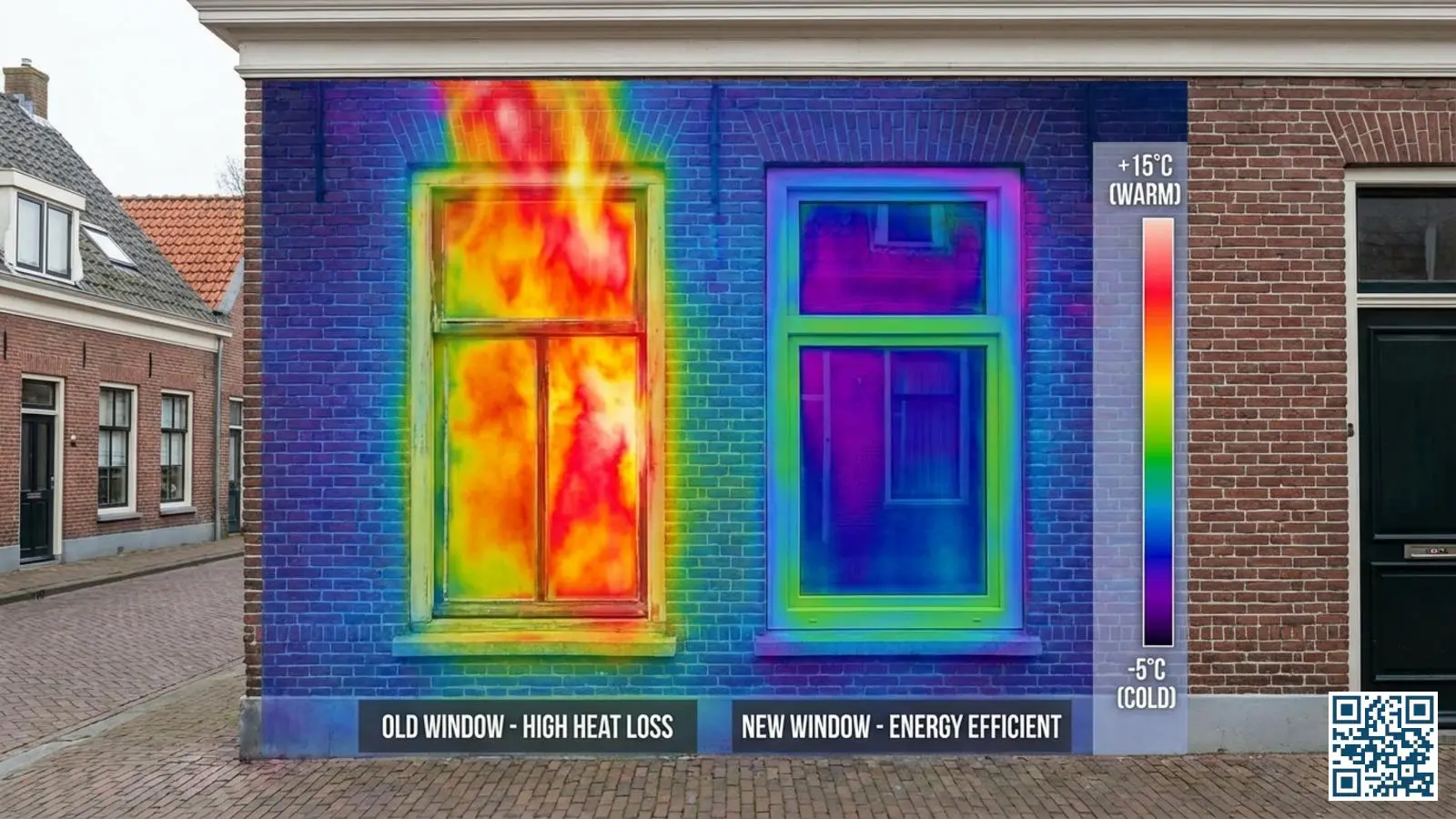 Visualisatie van warmteverlies via ramen die het verschil tussen oud en nieuw glas toont