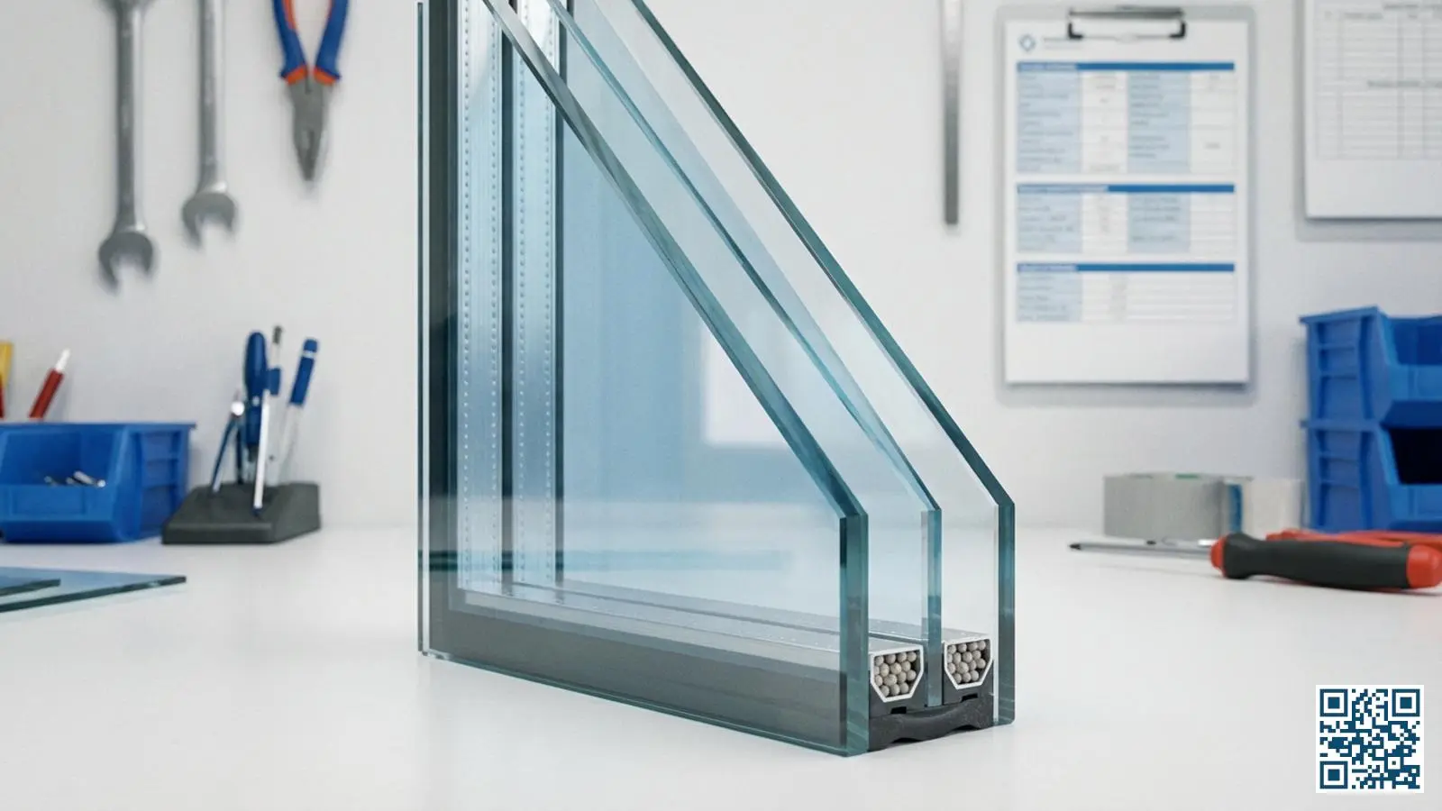 Close-up van een isolerende glasunit met zichtbare spacers en meerdere glaslagen met reflecterende coating