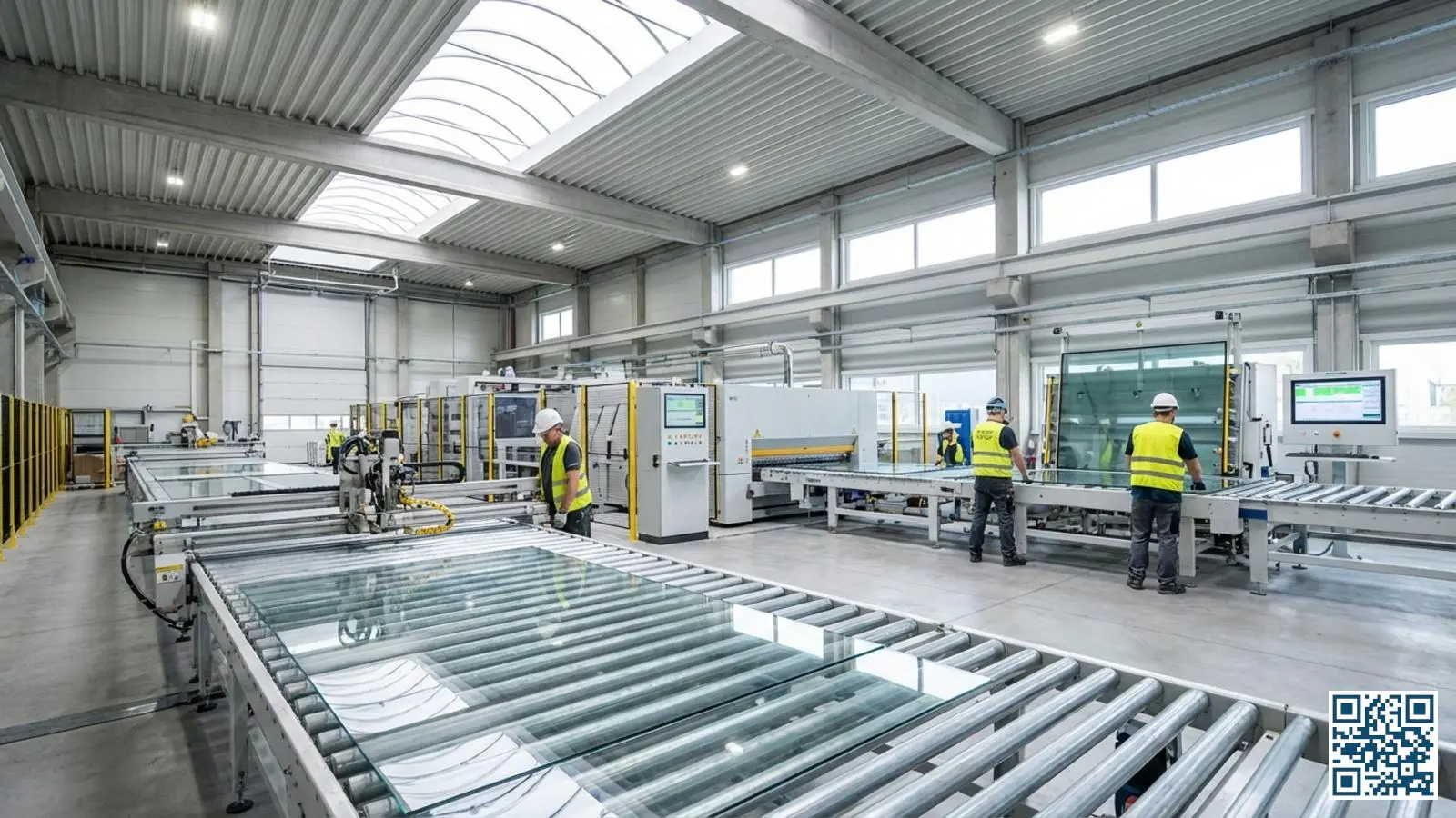 Moderne glasfabriek met productielijn voor isolerende glasunits en gecoate glasplaten op transportbanden