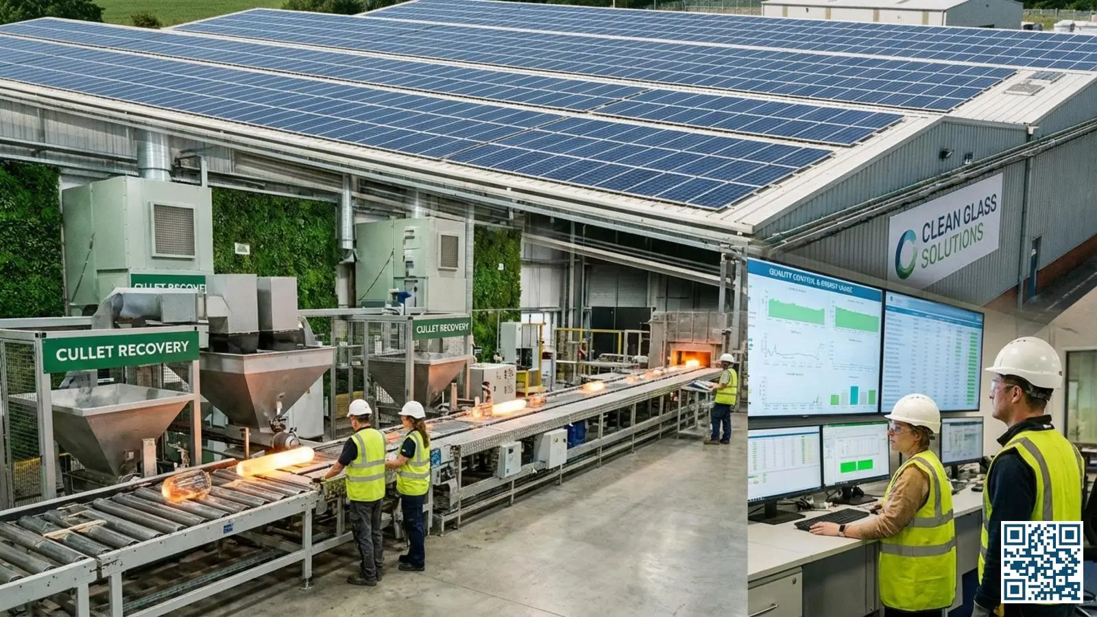 Duurzame glasfabriek met zonnepanelen op het dak en moderne milieuvoorzieningen