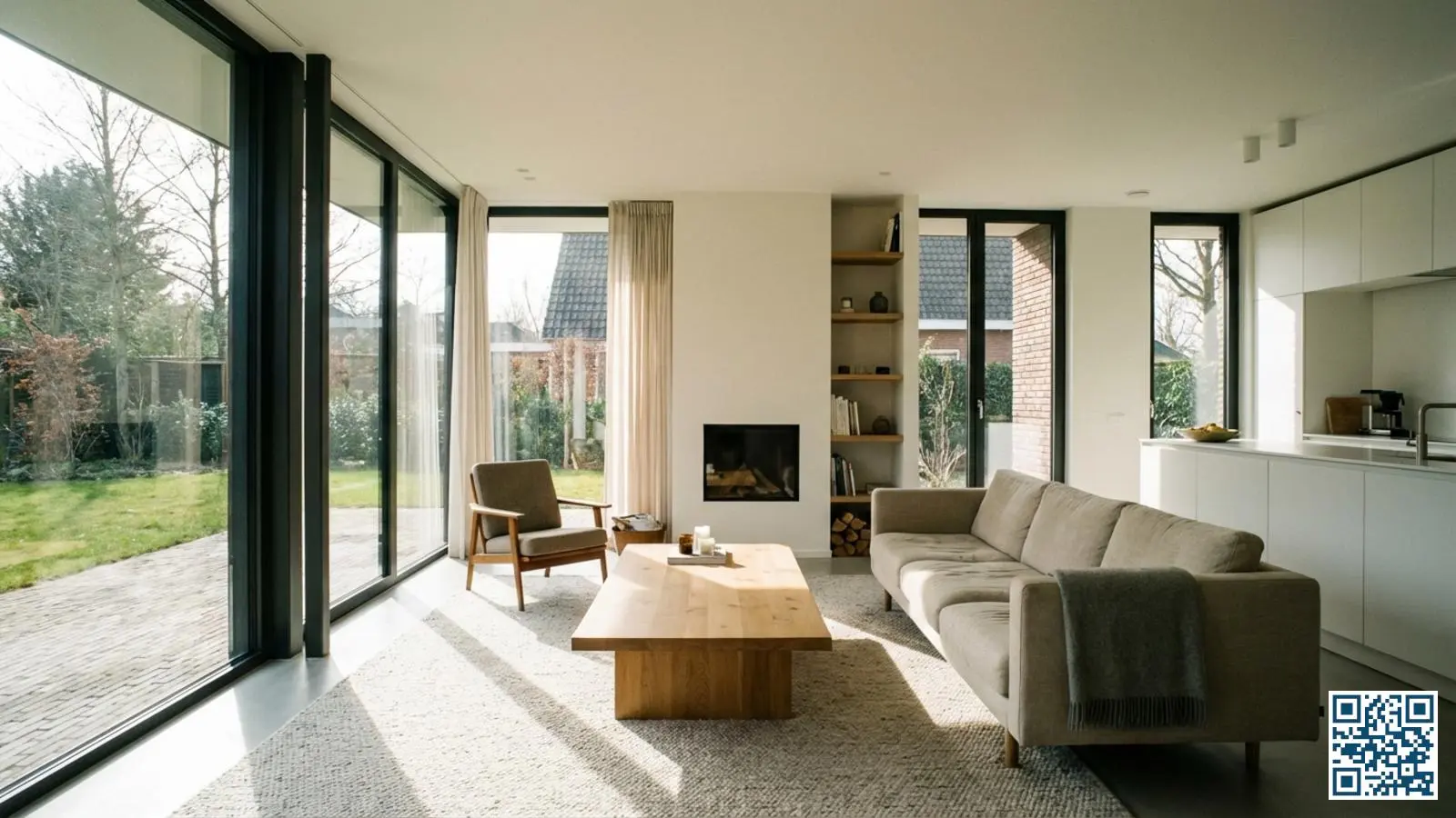 Moderne Nederlandse woonkamer met grote HR-glas ramen waar helder daglicht doorheen stroomt