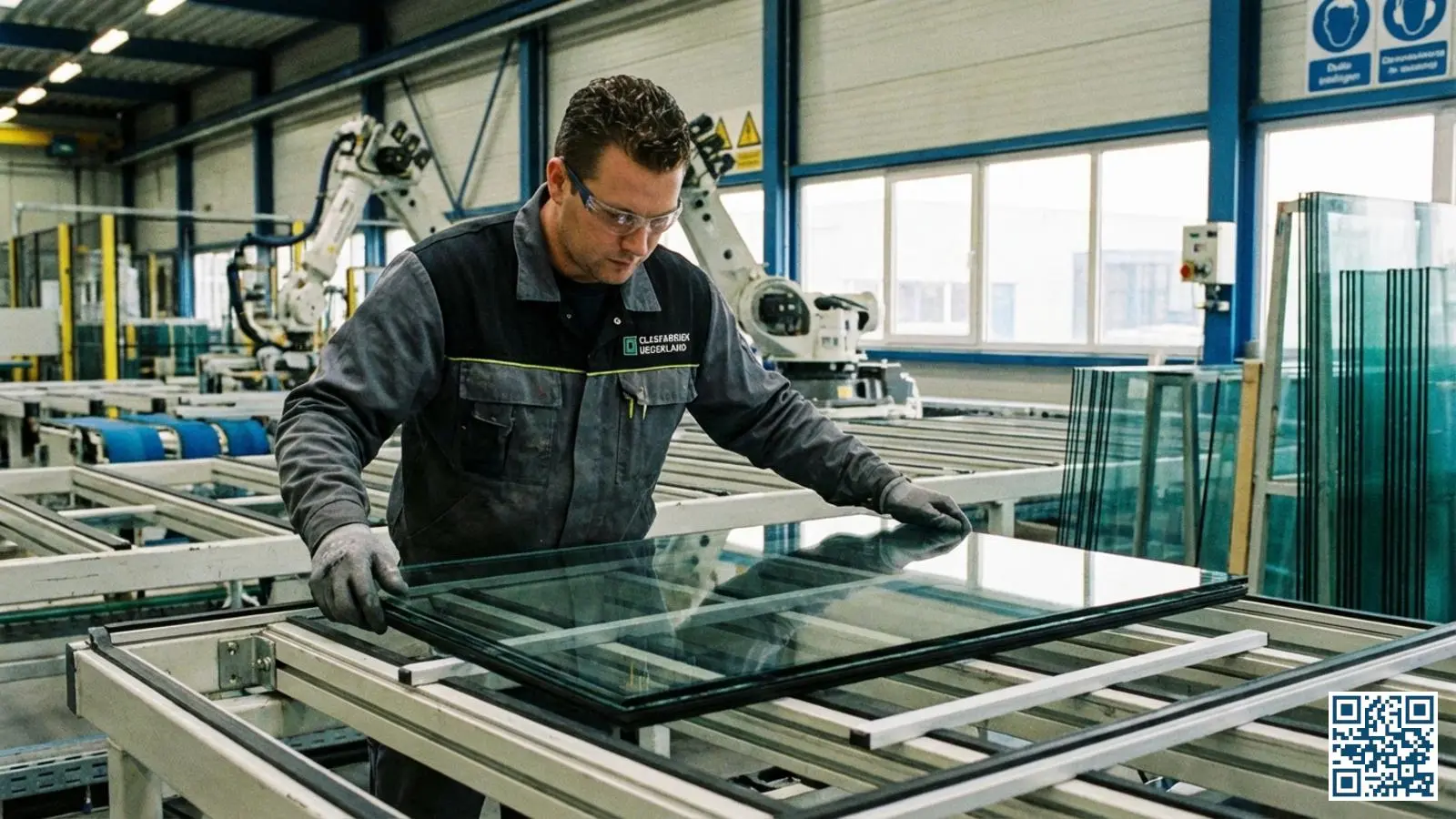 Glasverwerker assembleert een isolerende glasunit met zichtbare spacer bars en randafdichting in productiefaciliteit