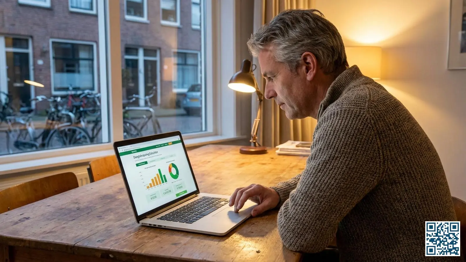 Huiseigenaar berekent energiebesparing met HR-glas calculator op laptop aan de eettafel