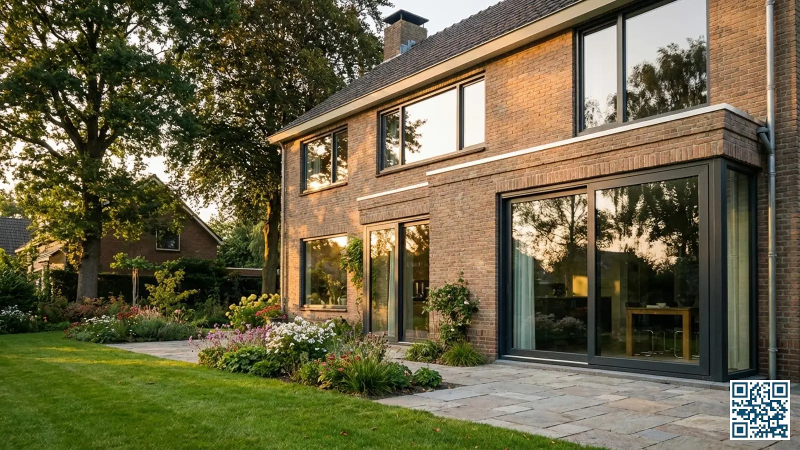 Vrijstaande woning met nieuw geplaatste HR++ glazen ramen in warm namiddaglicht vanuit de tuin gezien