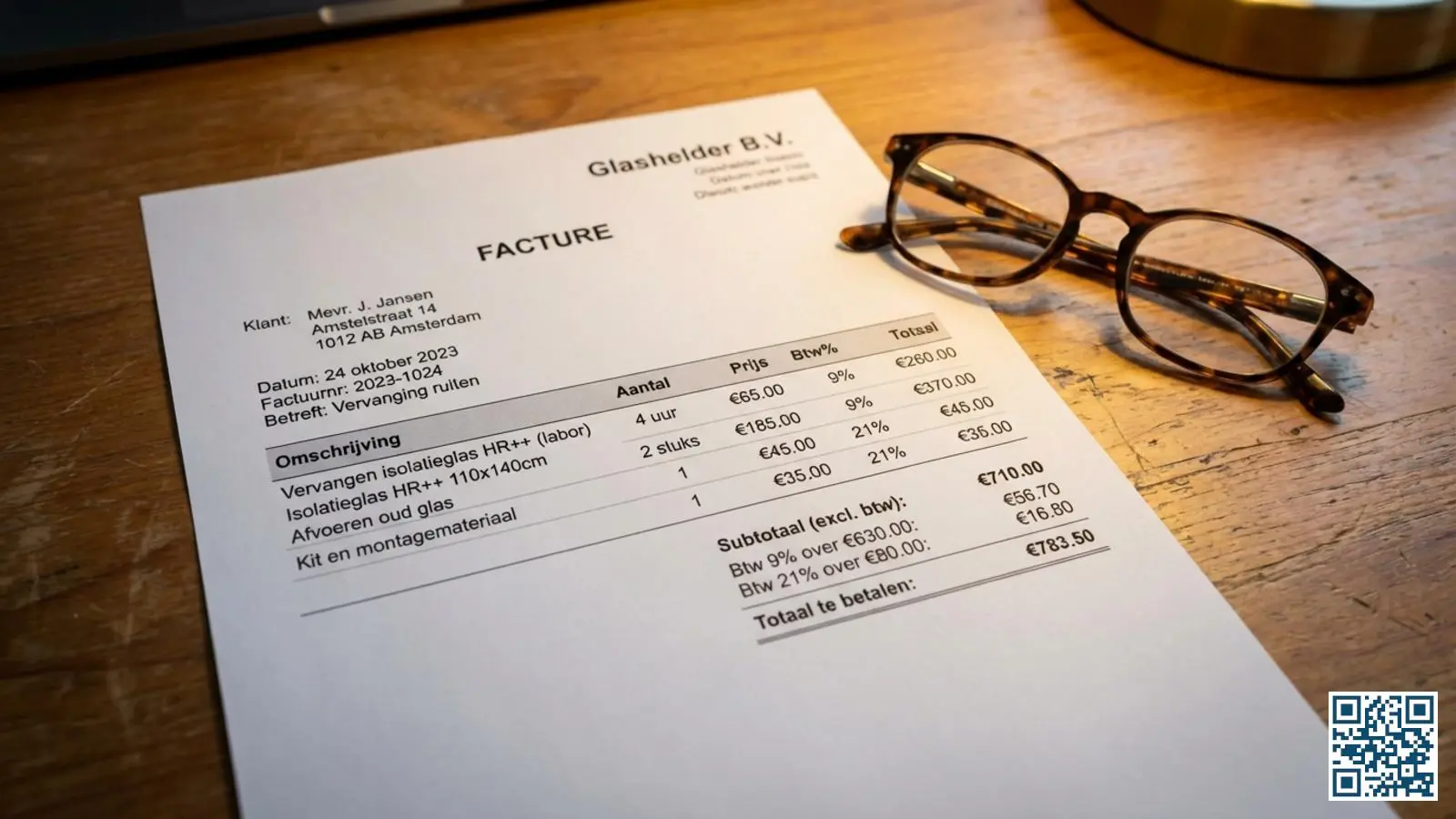 Factuur voor glasvervanging met zichtbare btw-uitsplitsing in 9% arbeid en 21% materialen op houten bureau