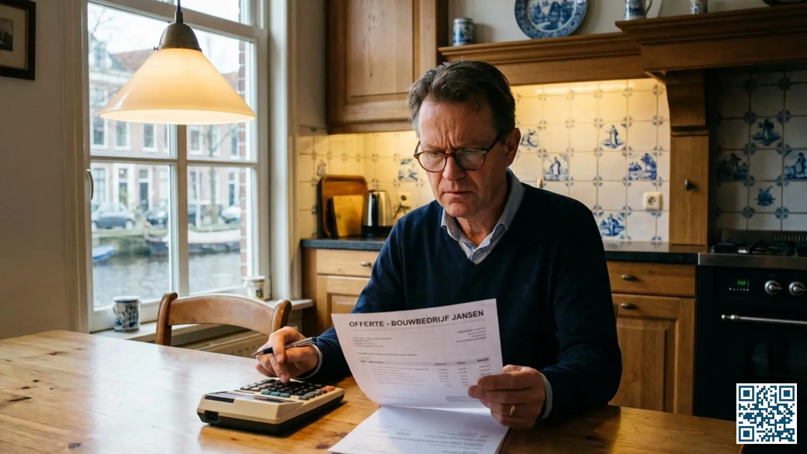 Huiseigenaar aan keukentafel controleert aandachtig een offerte voor glasvervanging met rekenmachine erbij