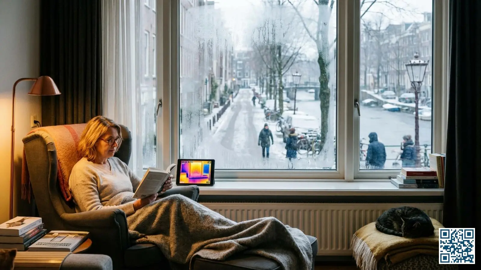 Huiseigenaar geniet van warmte binnen achter HR-glas terwijl het buiten koud winterweer is