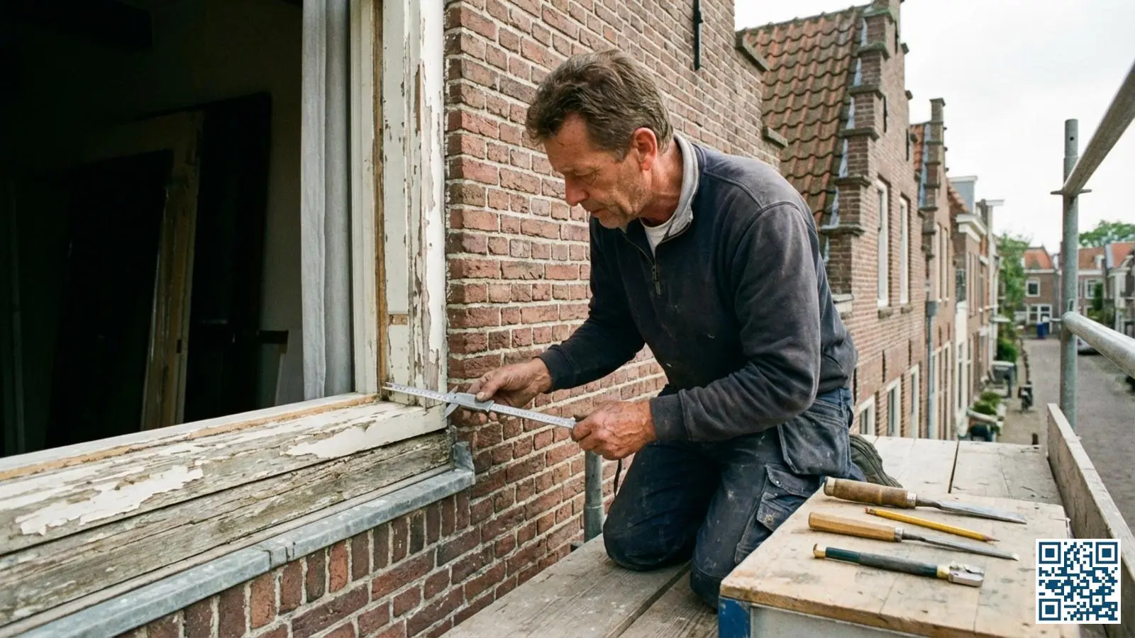 Glaszetter meet de sponningdiepte van een oud houten kozijn om te bepalen of HR-glas past