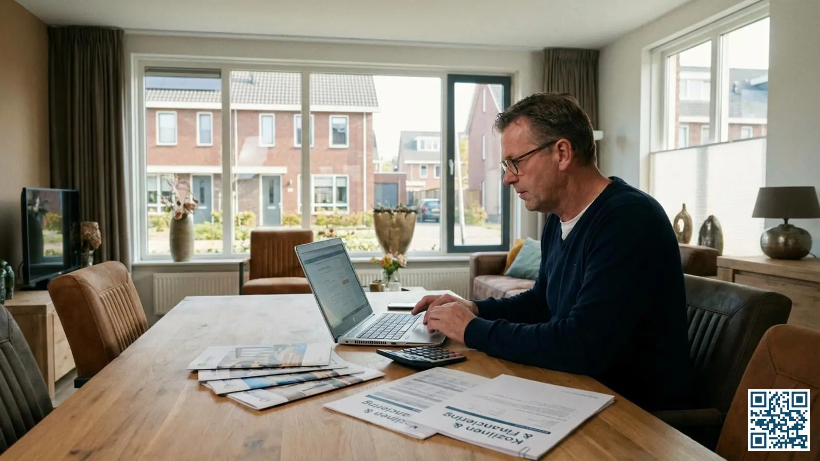 Huiseigenaar bekijkt financieringsopties voor glasvervanging op laptop aan de eettafel