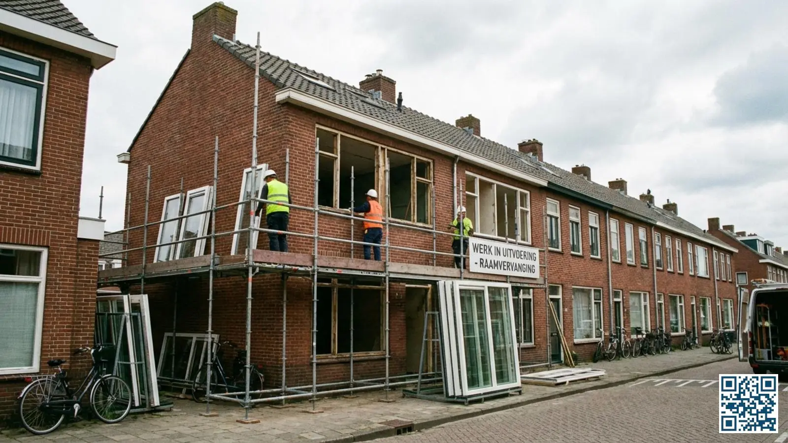 Nederlandse rijtjeswoning met steigers tijdens complete raamvervanging met HR-glas