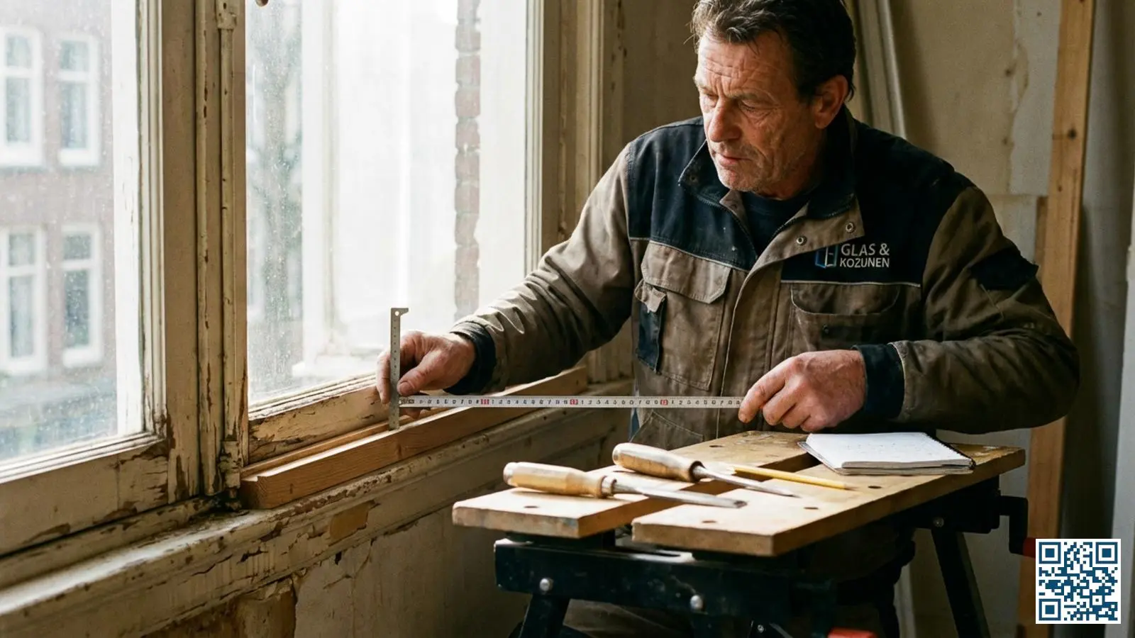 Glaszetter meet de sponningdiepte van een bestaand houten kozijn op voor nieuw HR-glas